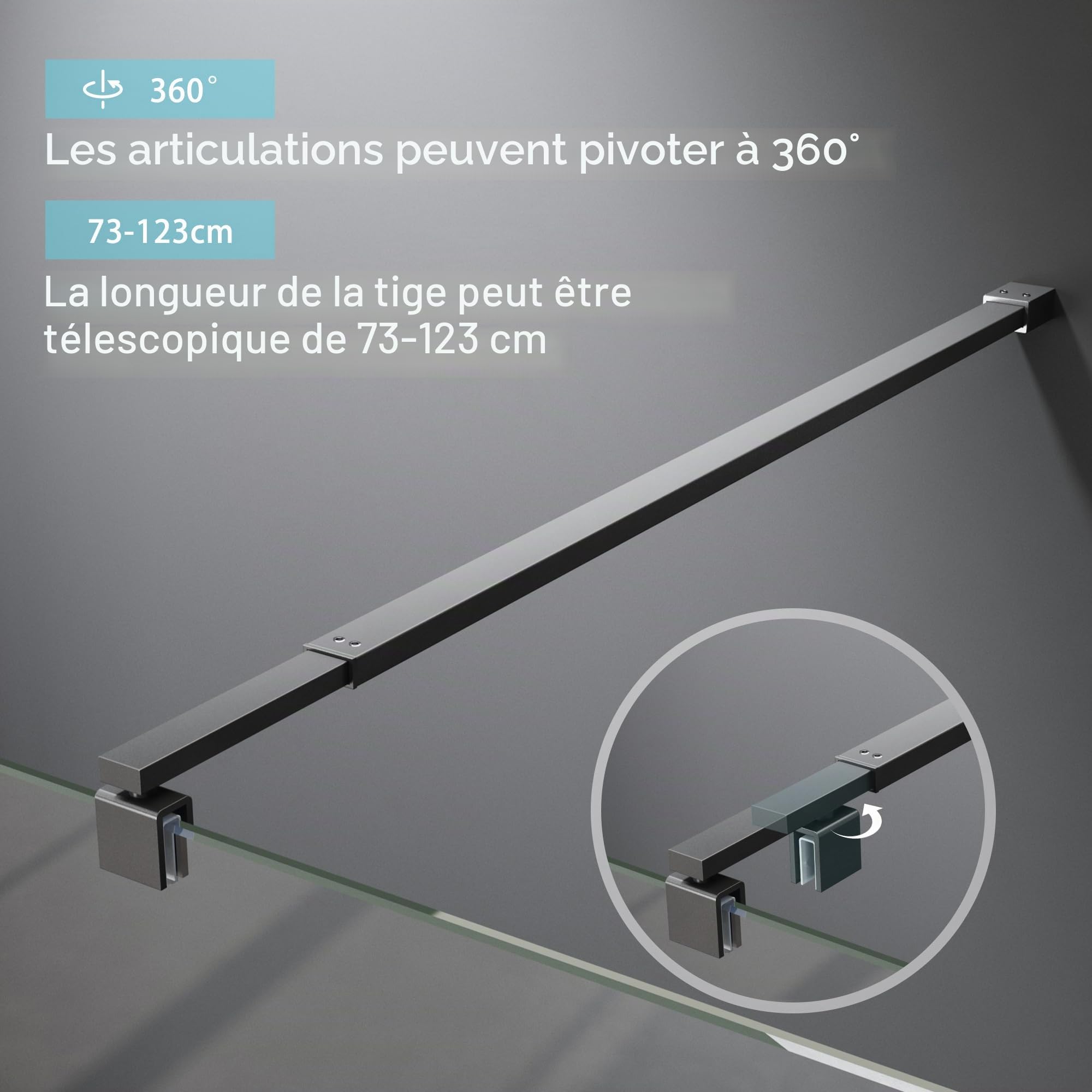 Barre d'appui réglable 73-123 cm - Tube carré - Barre de stabilisation pour douche, paroi en verre, barre d'appui pour épaisseur de verre de 6 à 10 mm - Noir mat