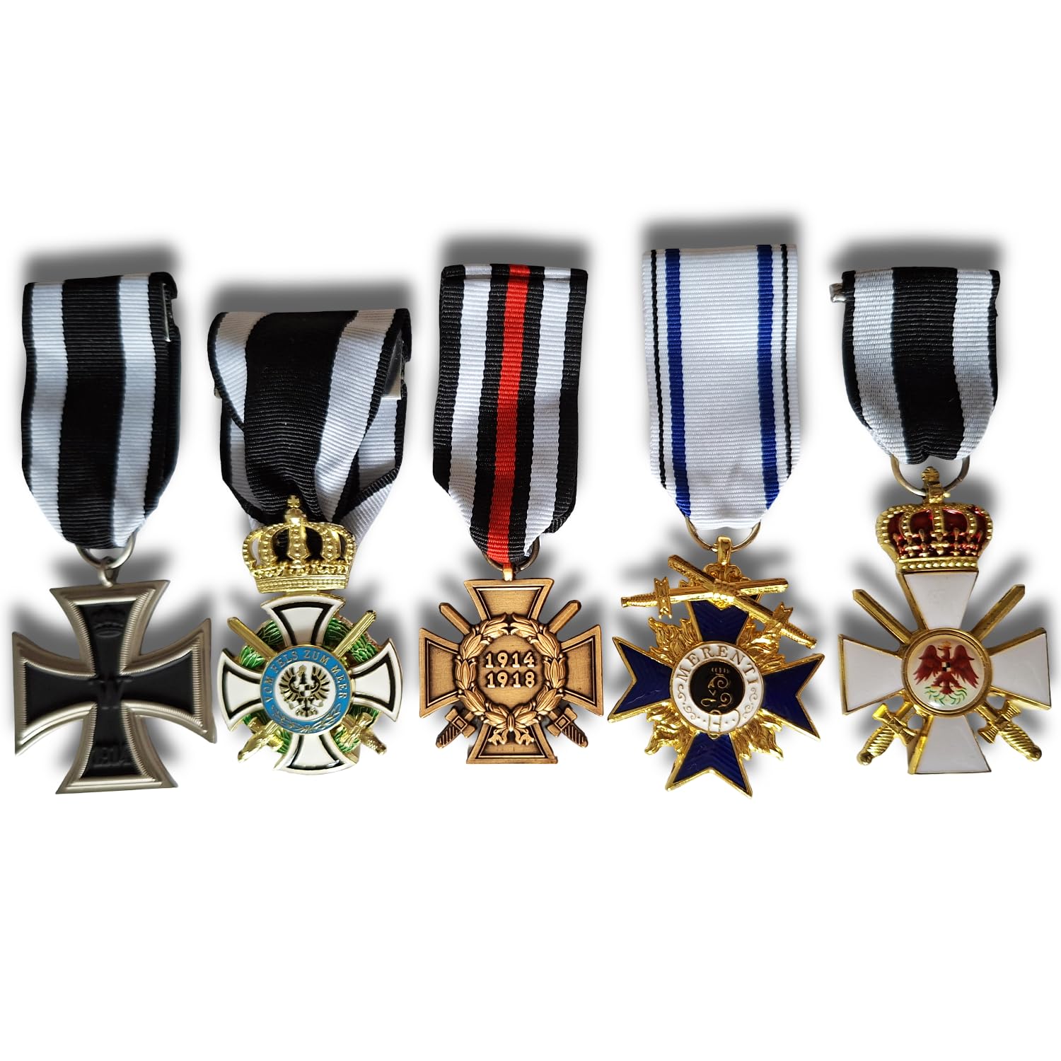 Imperial German WWI Medal Set – Iron Cross 1914, Hohenzollern, Bavarian, Red Eagle & Honor Cross replica