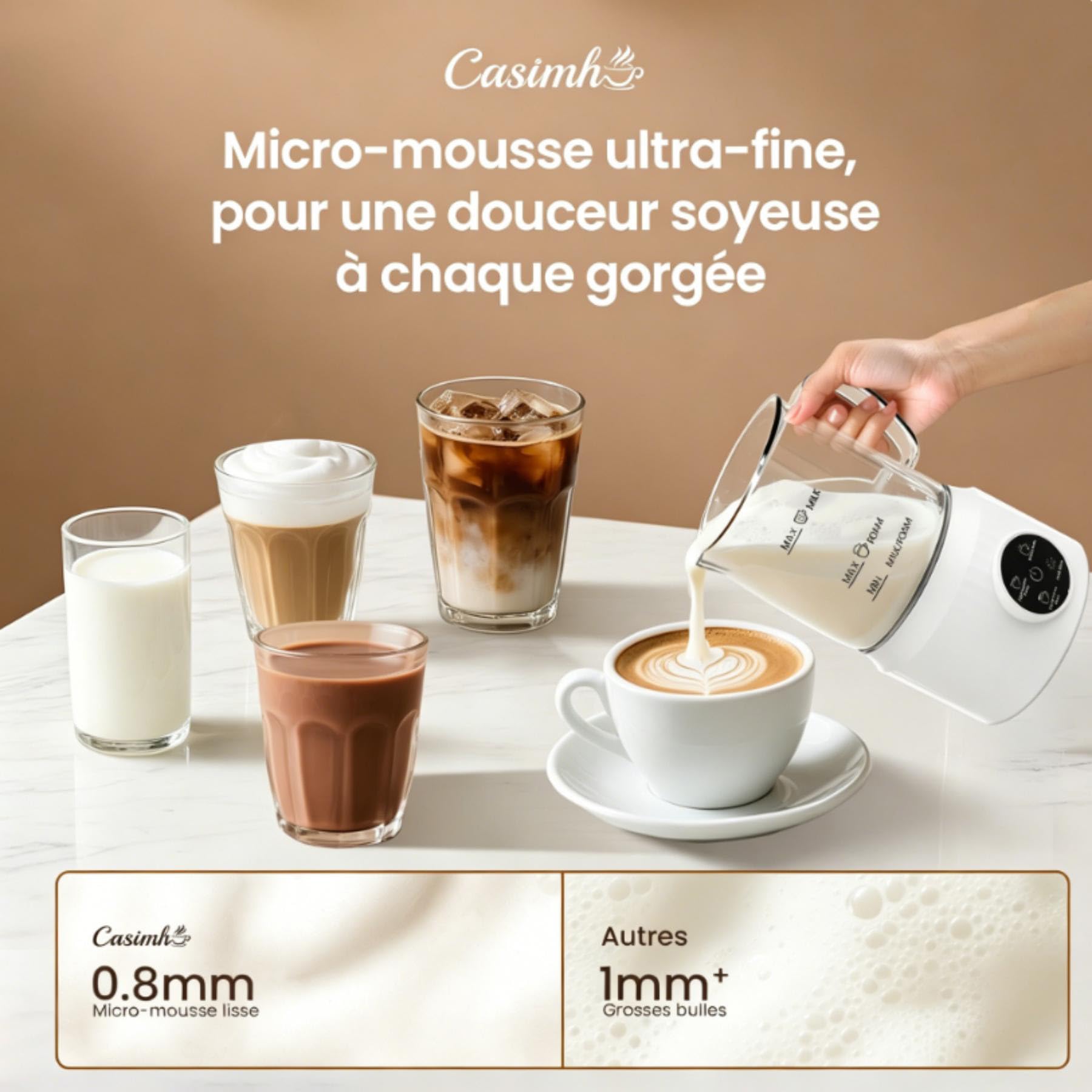 Mousseur à Lait Électrique 4 en 1 avec Chauffe Lait, Carafe Transparente pour Contrôle Visuel, Commande Tactile, Mousse Chaude et Froide pour Café, Latte, Cappuccino, Verre
