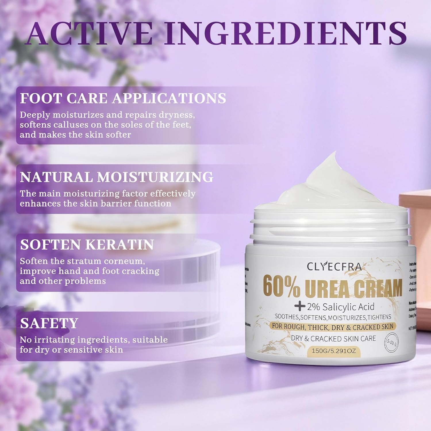 5-in-1 60% Urea Cream with 2% Salicylic Acid, Urea Cream 60 Percent for Feet & Hands- Maximum Strength Moisturizer for Rough, Dry, Thick & Cracked Skin, Callus Remover, Deep Hydration, 150g - Image 3