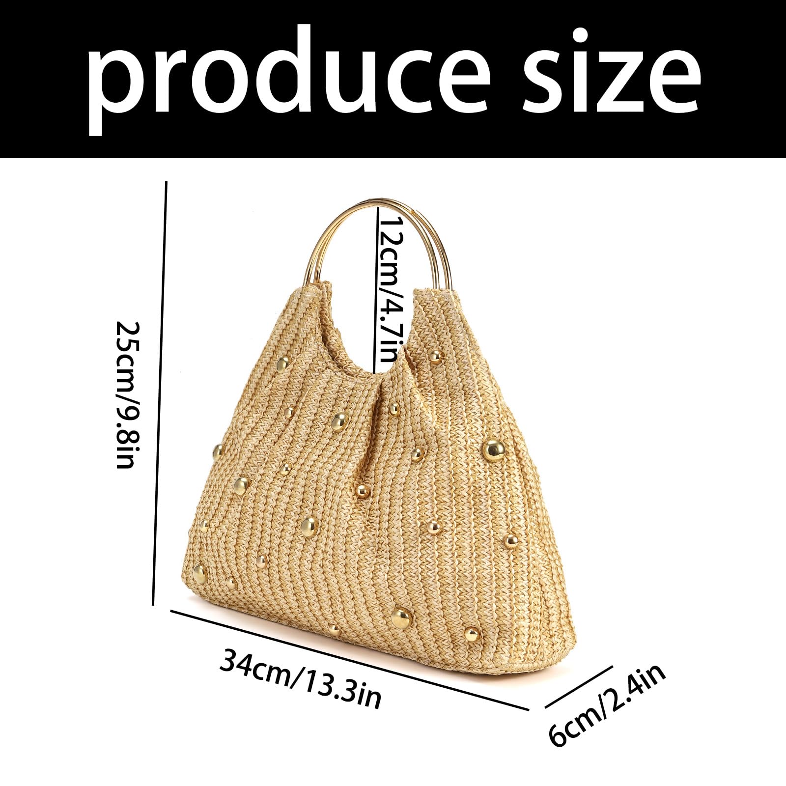 Auffällige Strohtasche mit Perlendetails und rundem Griff. Geräumige Innenhandtasche. Bequemer, täglicher Gebrauch. Leichter Damen-Strand mit Perlenverzierungen