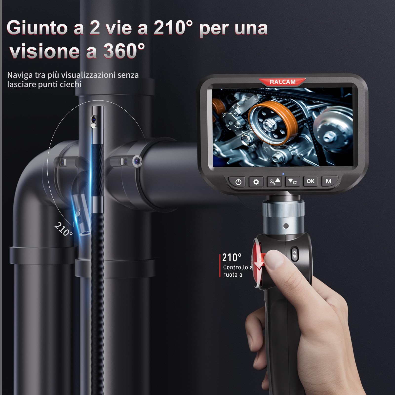 Ralcam Telecamera Endoscopica con Luce, Borescopio Doppio 6,5 mm con Testa Mobile 180°, Schermo HD IPS da 5", Telecamera di Ispezione Impermeabile IP67 con Cavo Semirigido da 1,5 m