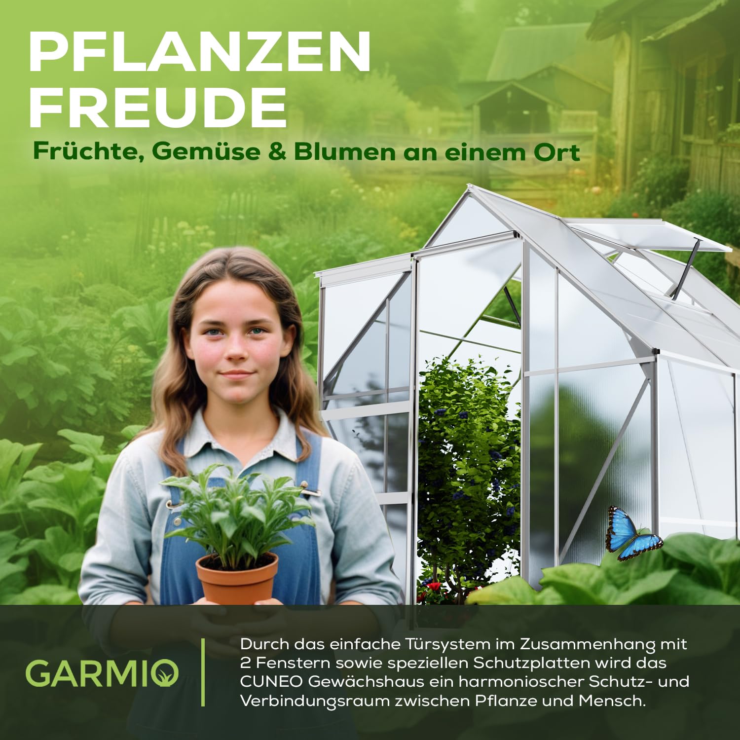 GARMIO® Gewächshaus Cuneo 190x190cm für den Garten, Alu Frühbeet inklusive Fundament, 2 Dachfenster Treibhaus Aufzucht Pflanzenhaus Tomatenhaus 3,7m² UV-Schutz