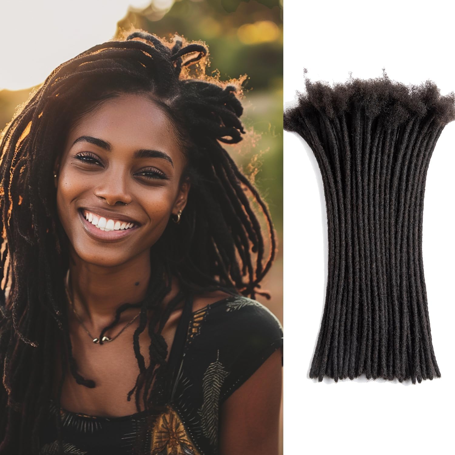 Teresa 12 Inch 0.6cm Width Loc Extension Human Hair Natural Black 30 Strands Full Hand-made Permanent Locs Extensions Can Be Dyed and Bleached for Men