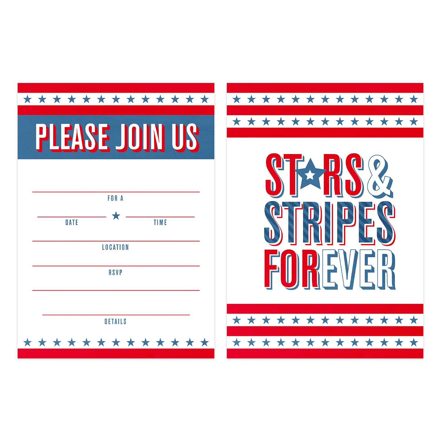 Canopy Street Patriotic 4th Of July Party Invitation / 25 Fill in the Blank Red White Blue Themed Event Invites With Envelopes / 5" x 7" Independence