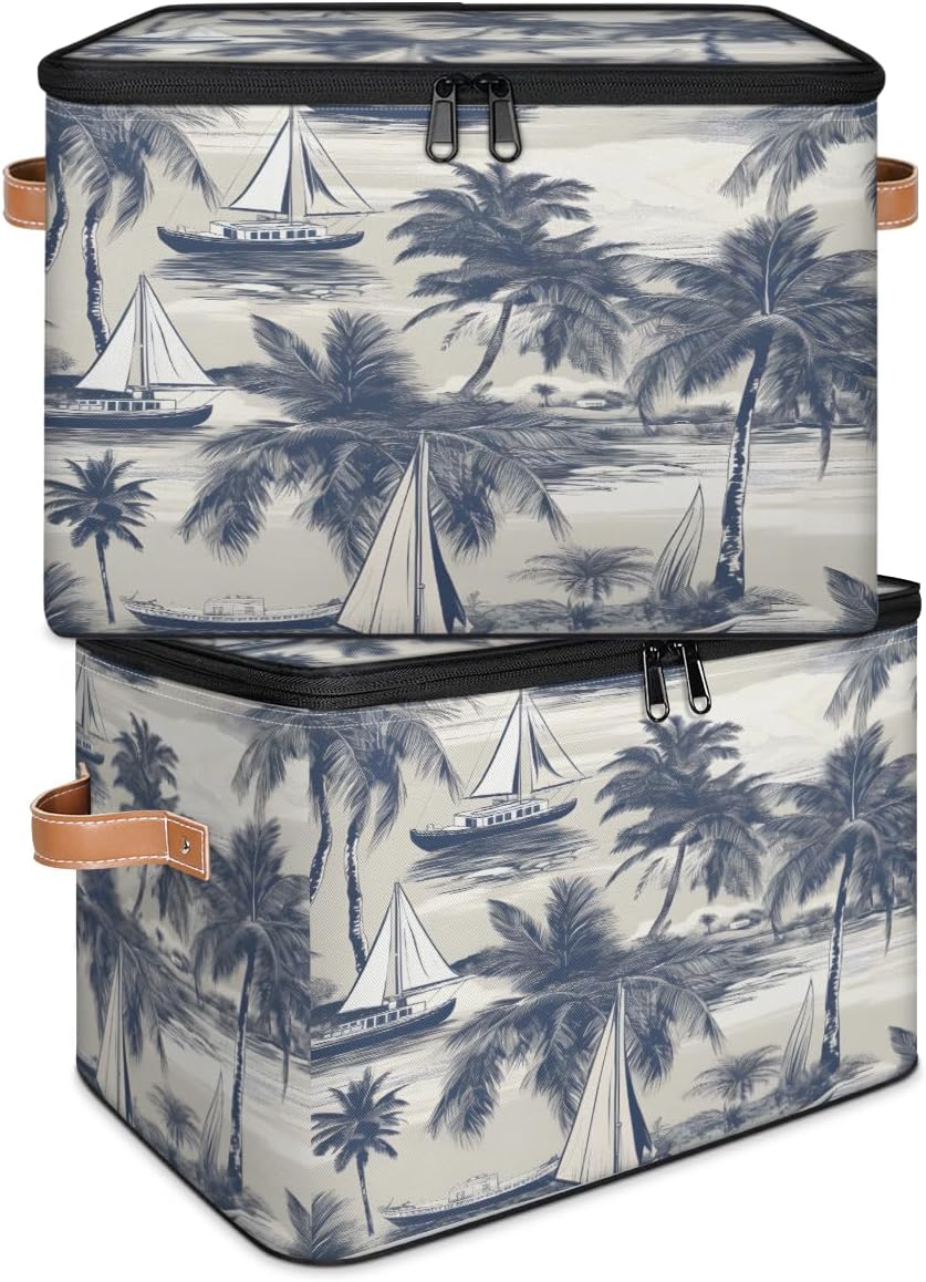 Storage Bin Set of 2 Sailboat Coconut Tree Storage Basket with Zipper Lid & Handle Foldable Closet Shelf 2 Pack Cloth Organizer Basket Cube Bins Clothes Organizer for Bedroom, Nursery