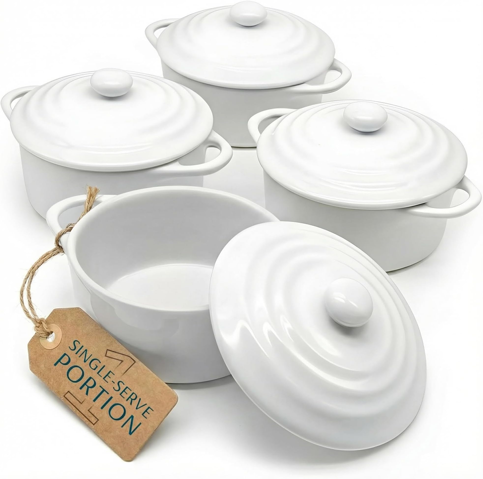 Ceramic Mini Cocotte Set, Small Casserole Dishes with Lids and Handles, Individual Baking Ramekins, Oven safe 350F, Microwave & Dishwasher Safe, Stoneware, 12 oz, Set of 4, (Swiss White)