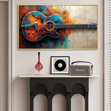 Guitar Canvas Wall Art, Colorful Abstract Guitar Picture Poster, Guitar Oil Painting Print on Canvas, Modern Musical Instrument Artwork, Rock Music Art Ready to Hang Gold Framed, 69x39in|174x98cm