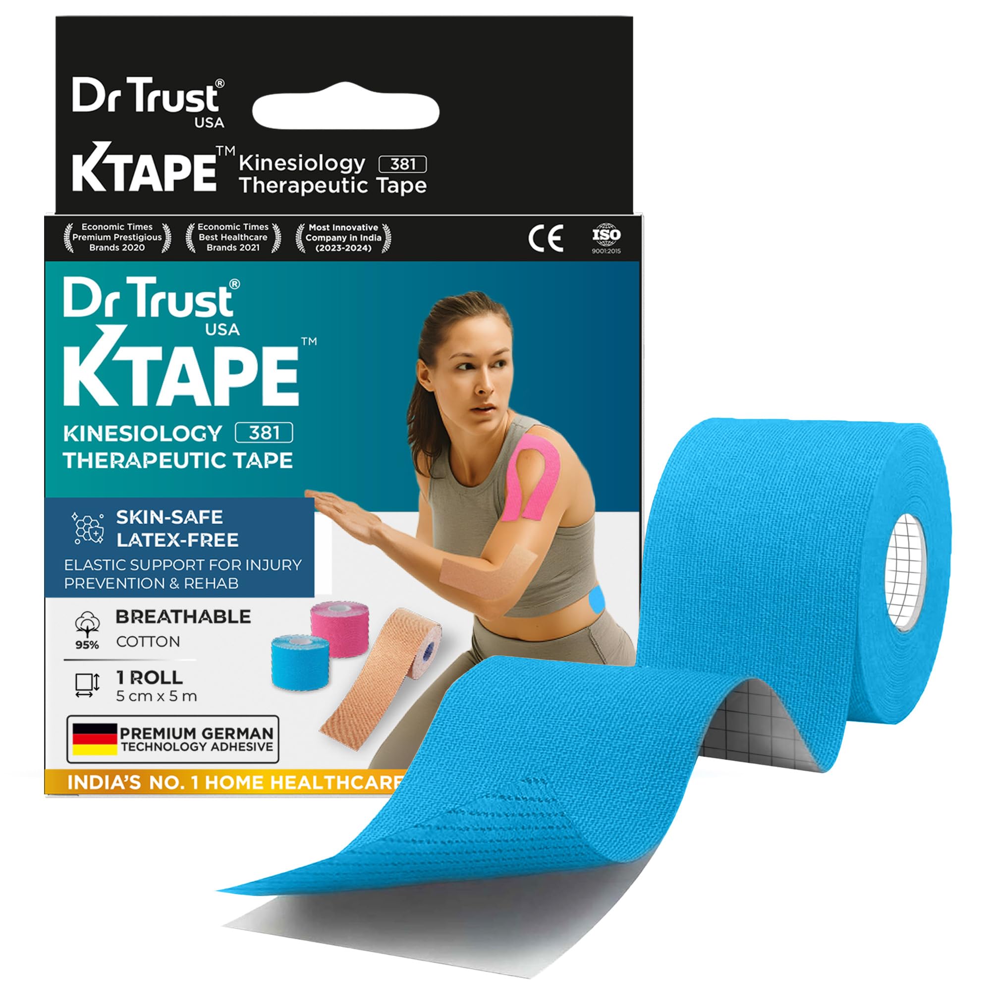 Dr Trust USA Kinesiology Tape For Sports Injury, Muscles Pain Relief, Waterproof Athletic Ktape For Arms, Knee, Shoulder, Legs, Ankle, Adhesive Compression Bandage 5 m X 5 cm (Blue)-image-47