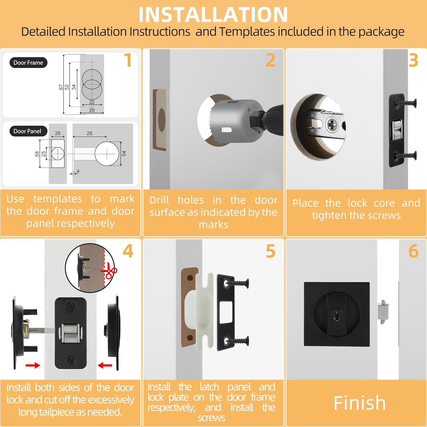 Matte Black Pocket Door Lock with Key, Pocket Door Pull Handle with Lock Square Door Lock for Privacy Sliding Door Bifold Bathroom Door Locks and Pulls Hardware