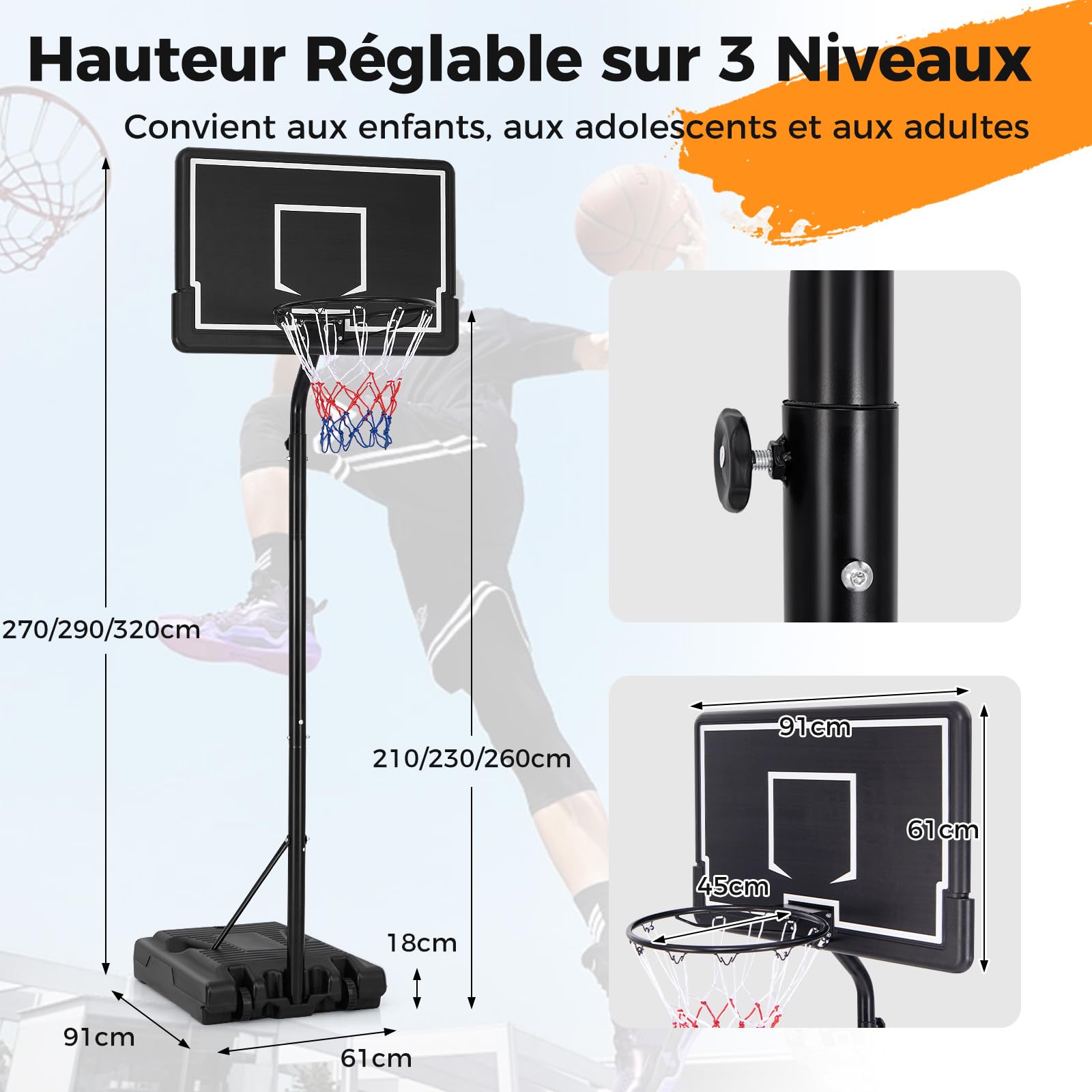 GOPLUS Panier de Basket Mobile, Hauteur Réglable (270-320CM) avec Base Remplissable, Panneau en PC Incassable, Panier de Basket Portable Intérieur/Extérieur & Système de But pour Enfants/Jeunes