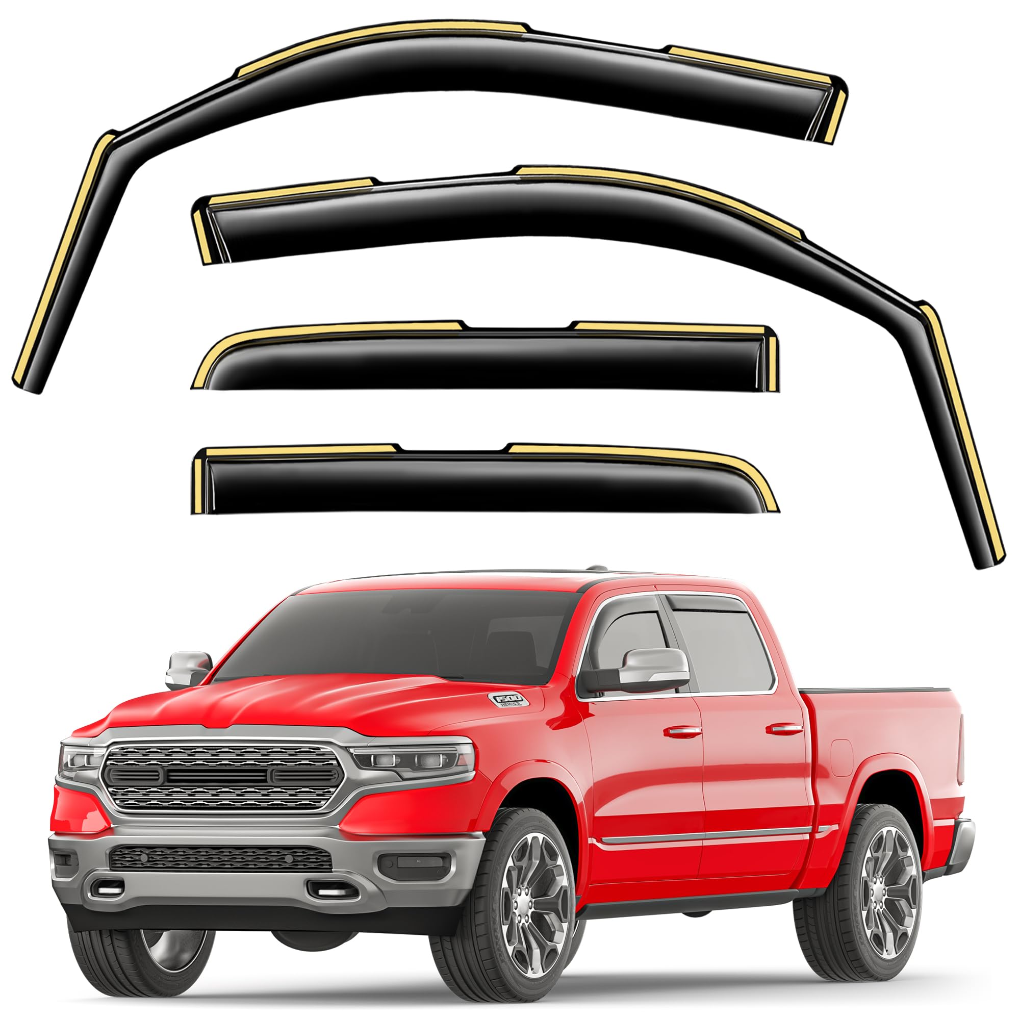 in-Channel Window Rain Guards Fit for Truck Dodge RAM 1500 (New Body Style Includes TRX) 2019-2025 Crew Cab Extra Durable Window Visors Window Deflectors Vent Shades Car Accessories-4 pcs