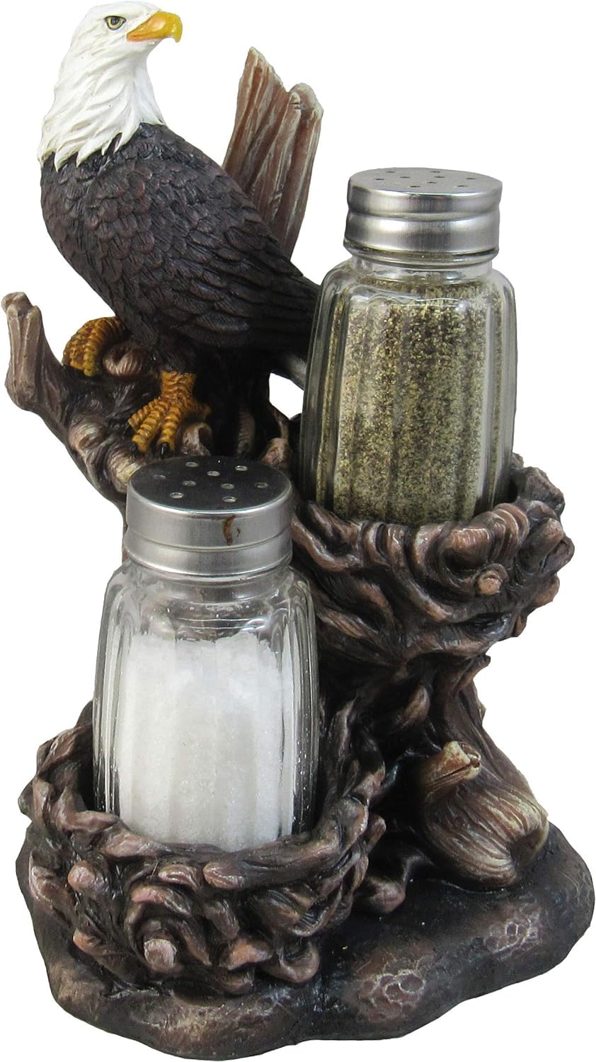 Ebros Gift American Bald Eagle Perching On Mountain Nest Salt and Pepper Shaker Set Figurine Stand Holder 6.5"H Patriotic Liberty Freedom Majesty