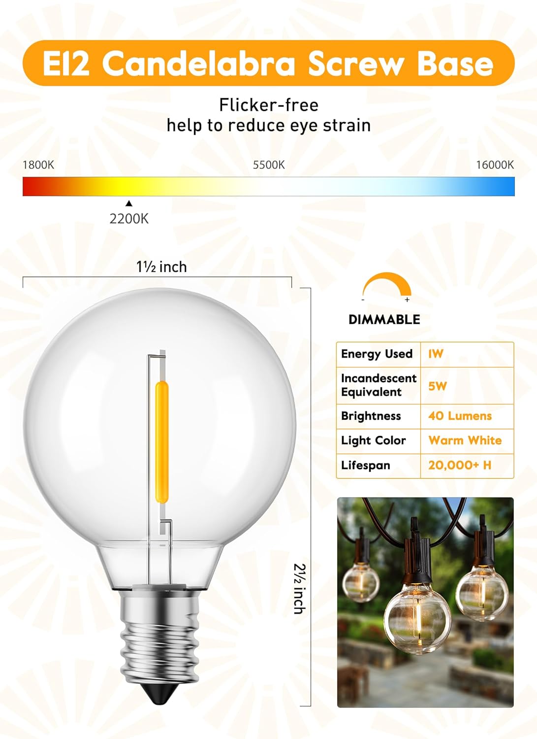 G40 Led Replacement Light Bulbs 1W Shatterproof Globe Bulb fits E12 Candelabra Screw Base, 1.5 Inch Dimmable Light Bulbs for Indoor Outdoor String Lights, Patio Cafe Decor, Warm White, 25 Pack - Image 2