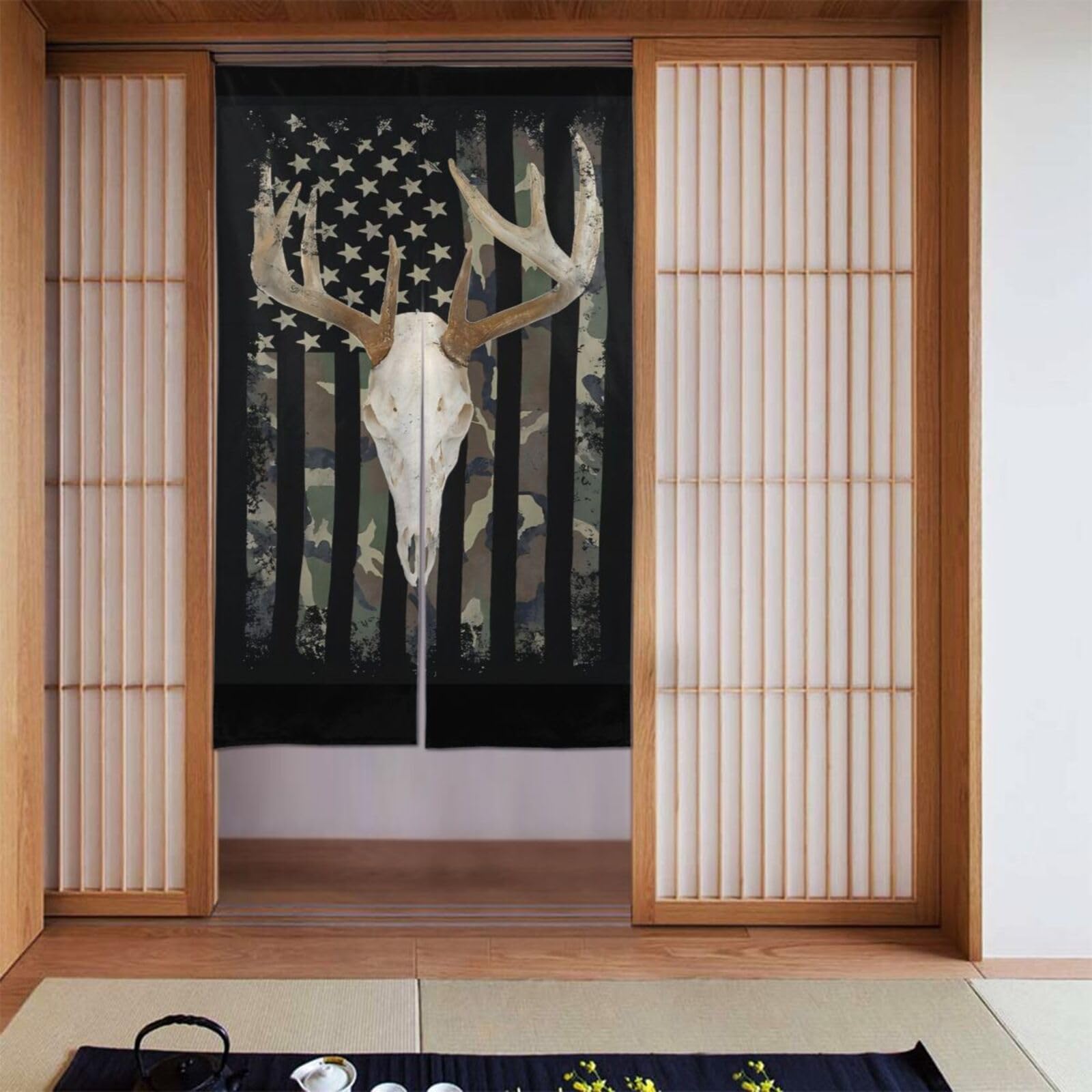 Lukiyys Deer Hunting Skull American Camo USA Flag Door Curtains,Doorways Curtains for Windows,Bedroom Divider 34"X 56"