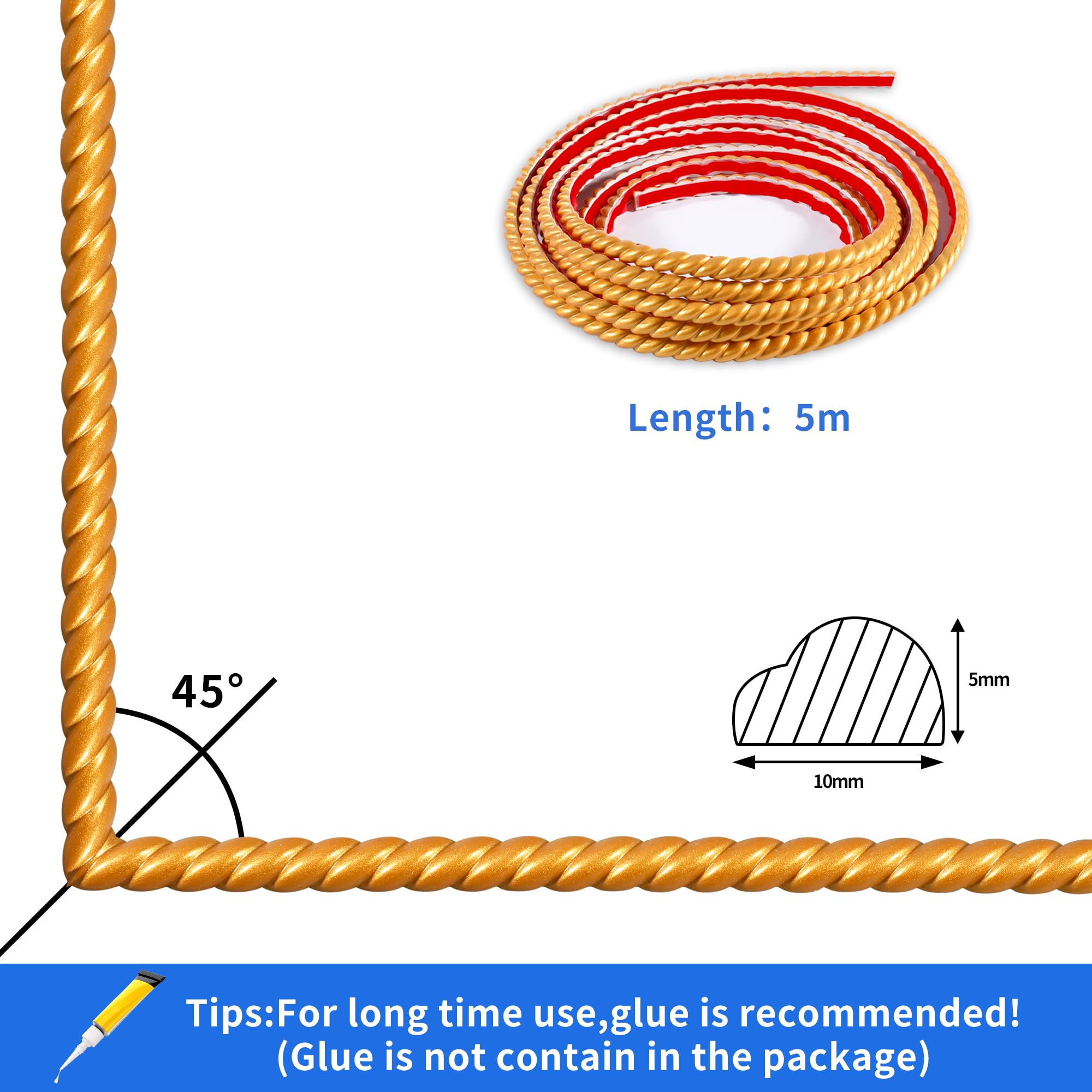 5M Bande Décorative Adhésive PVC, Bordure de Papier Peint Carrelage, Décoration pour Cadre de Miroir,Armoire,Meuble,Mur,Plafond Moulure de Finition Décorative Murale(10mm, Doré)