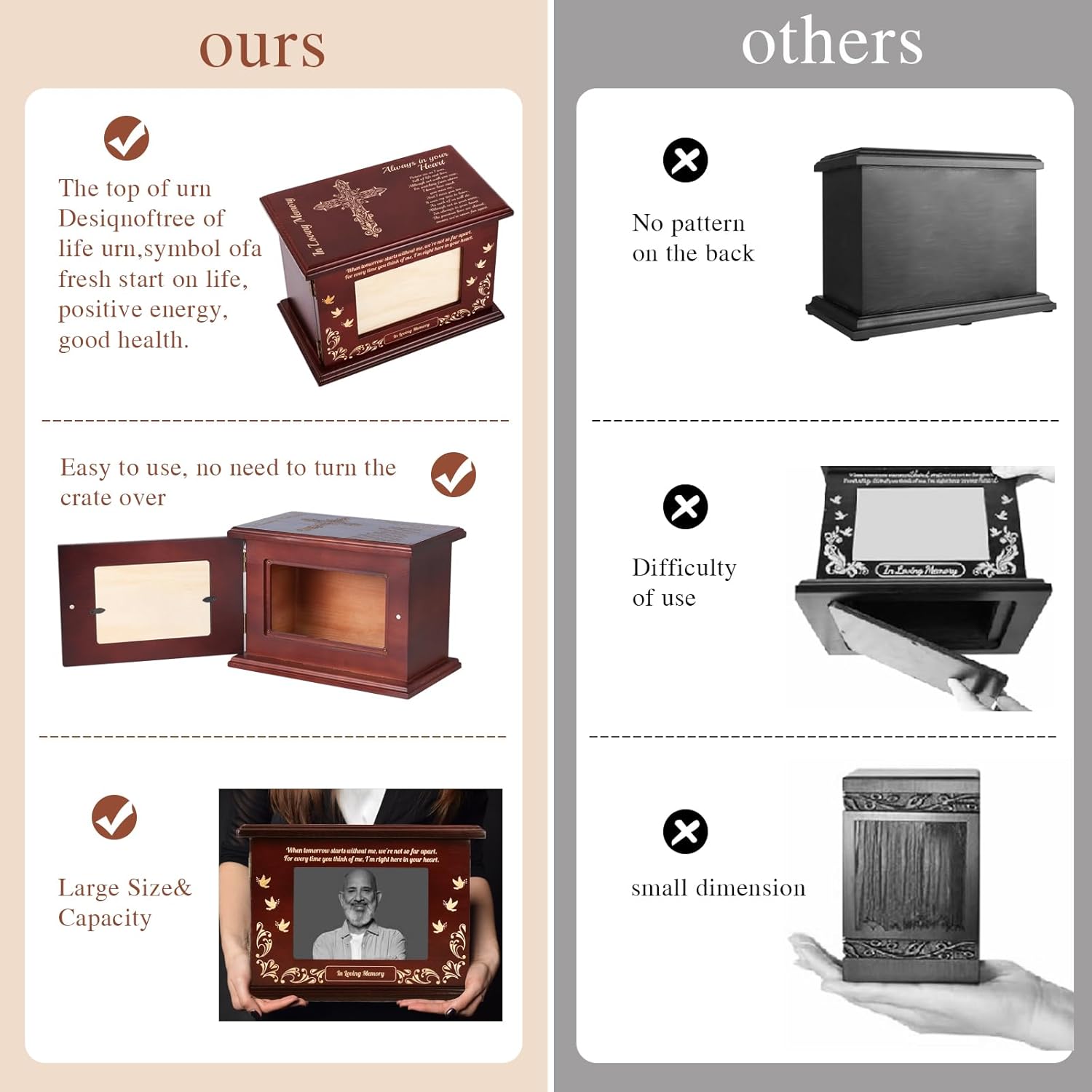 Cremation Urns for Human Ashes Adult Male or Female, Solid Walnut Adult Cremation Urn with Engraved Memorial Panel, Gender-Inclusive Funeral Holds 280 LBS（Cross） - Image 4