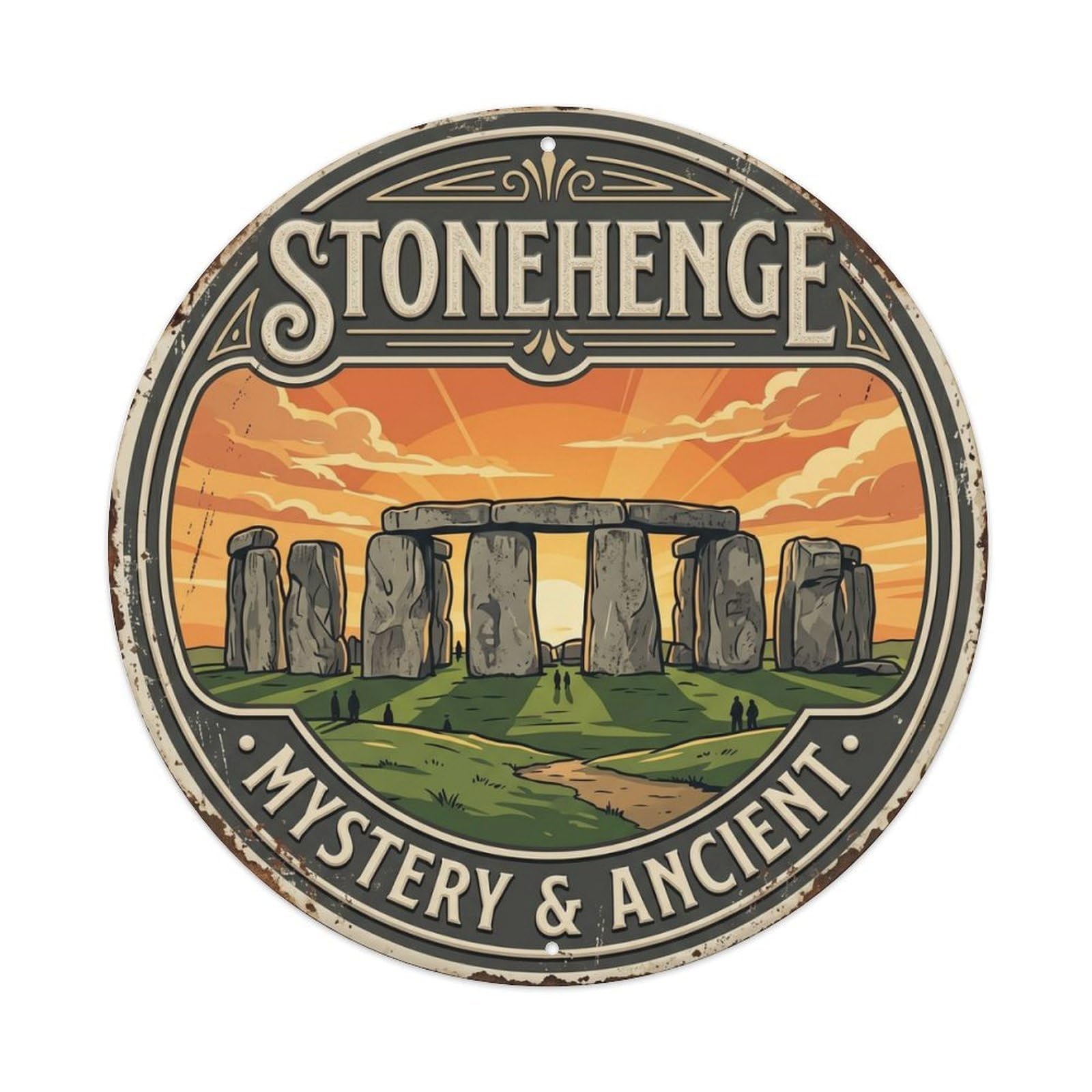 Stonehenge Mystery Ancient England Monument Metal Tin Sign Plaque Wall Decor for Cafe, Club Bar, Office, Home Garden Round Metal Poster 8x8Inch