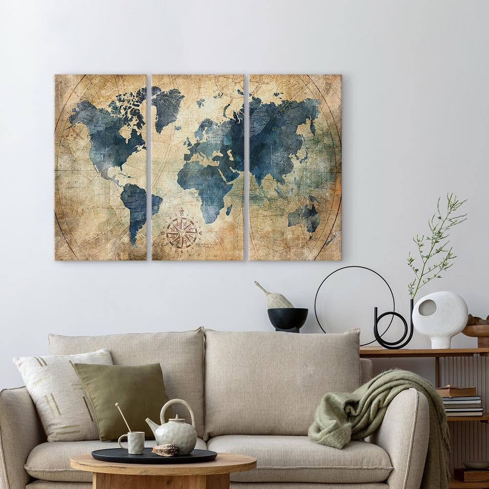 murando - Quadro Acustico Mappamondo - 135x90 cm 3 Pezzi - Schiuma acustica Quadri Moderni Grandi - Camera da Letto Matrimoniale - Stampa su Tela - Pannelli Fonoassorbenti Decorativi - Fonoassorbente
