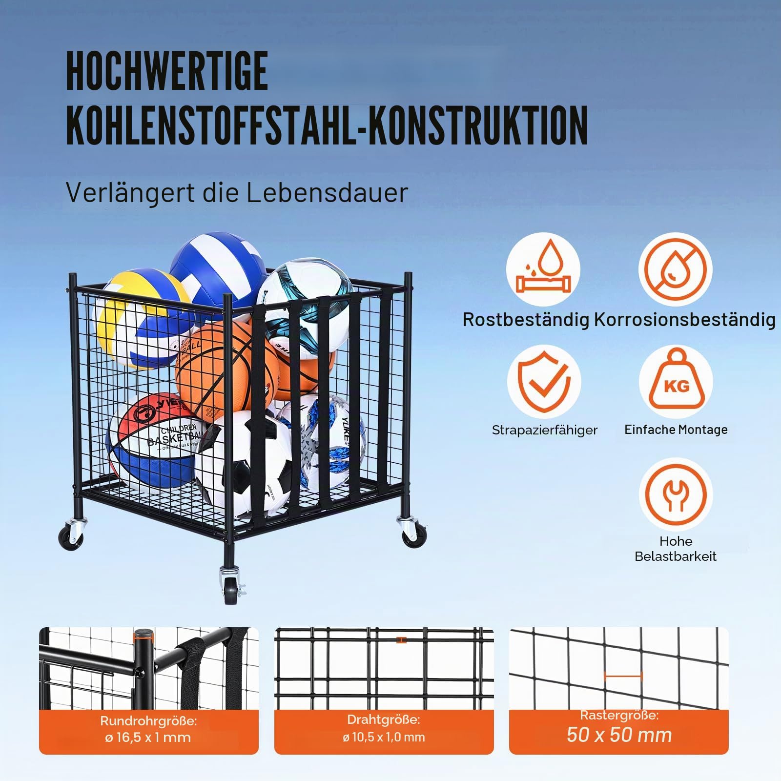 VEVOR Ballwagen Rollwagen 507 x 500 x 545 mm Sportbällen, Abschließbarer Basketballkäfig Ballkäfig, Sportausrüstung für den Innen- und Außenbereich, Rollbar Aufbewahrungswagen aus Stahl für Garagen