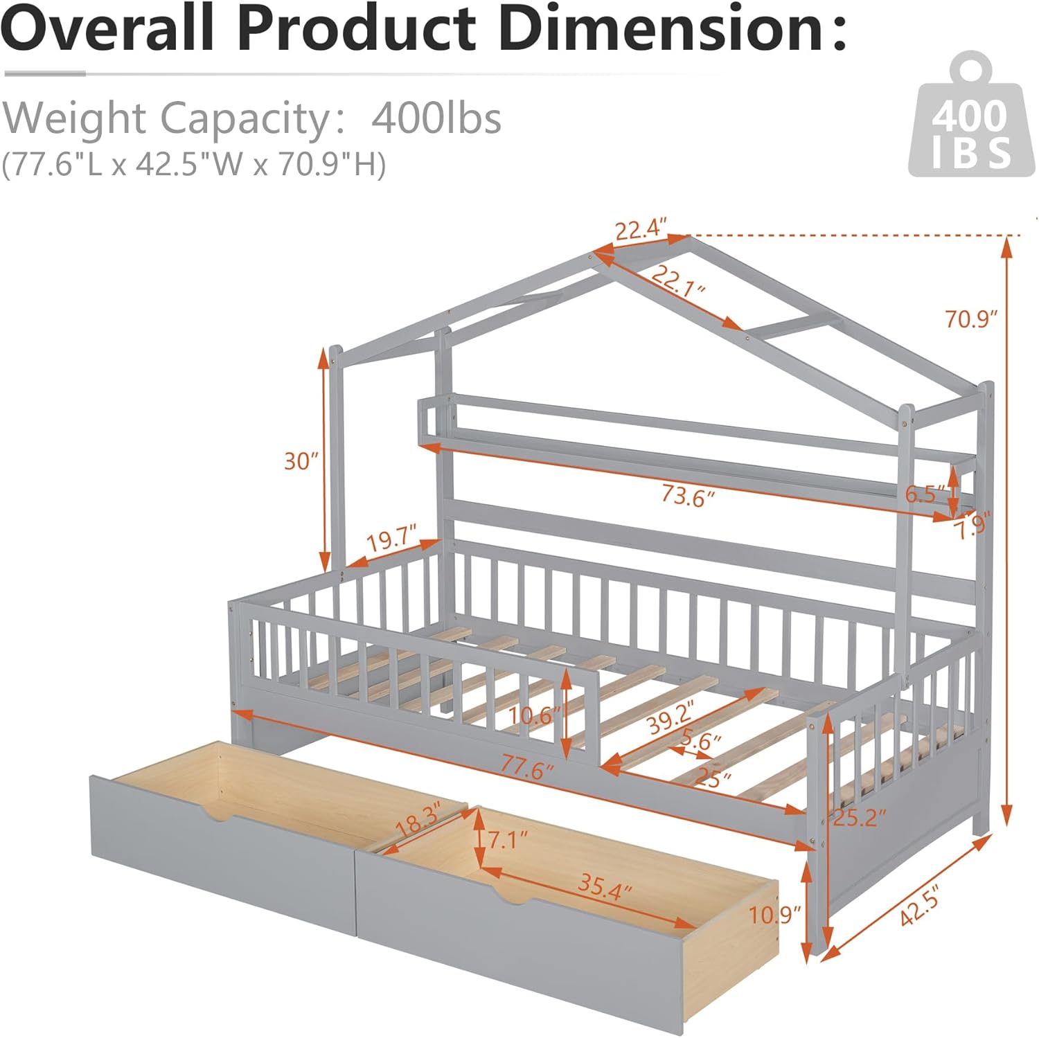 Detailed diagram showing the overall product dimensions of the Twin House Bed