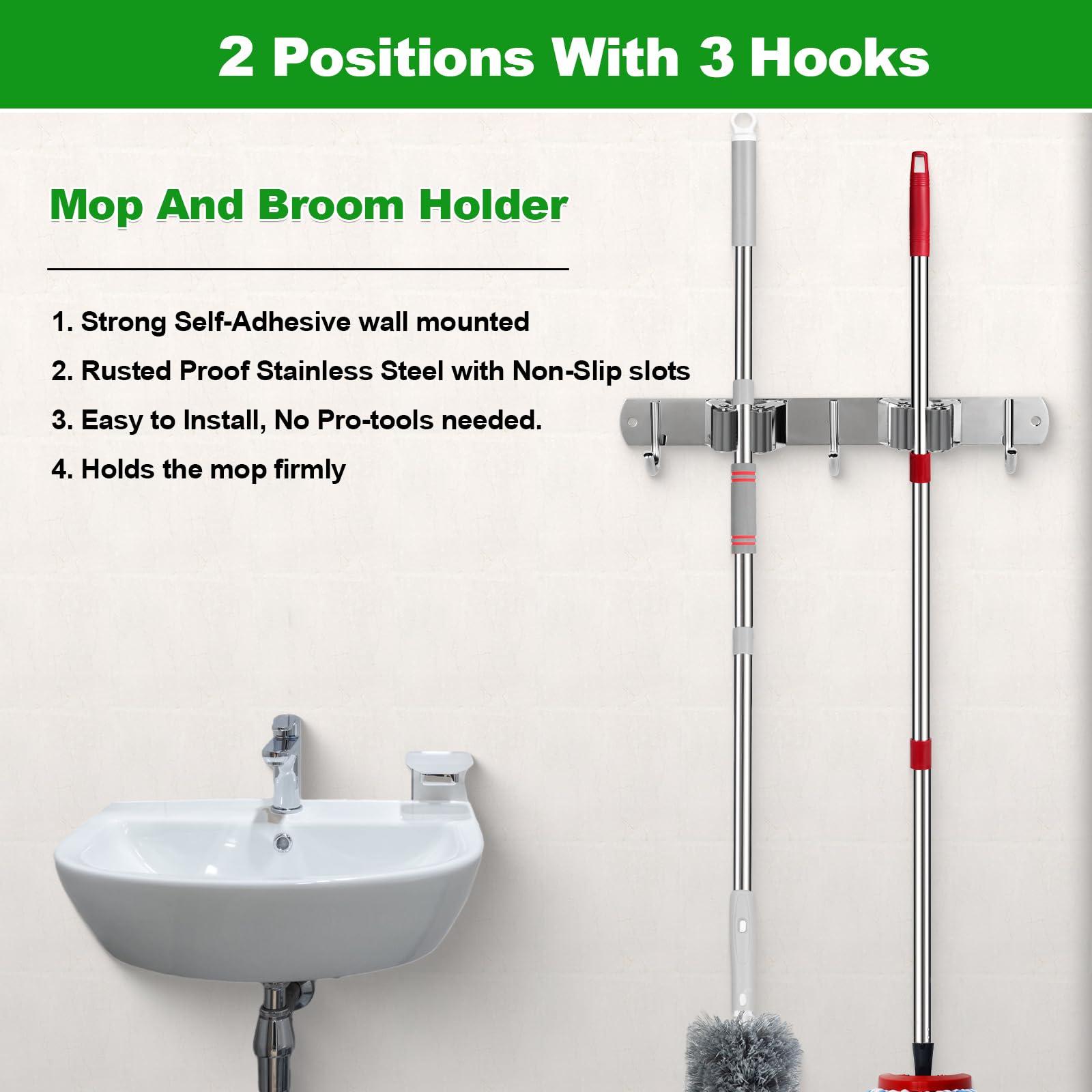 voze 2 estantes y 3 ganchos para fregona y escoba, soporte de pared, autoadhesivo resistente, organizador de escobas, estantes de almacenamiento para cocina, jardín, lavandería, garaje