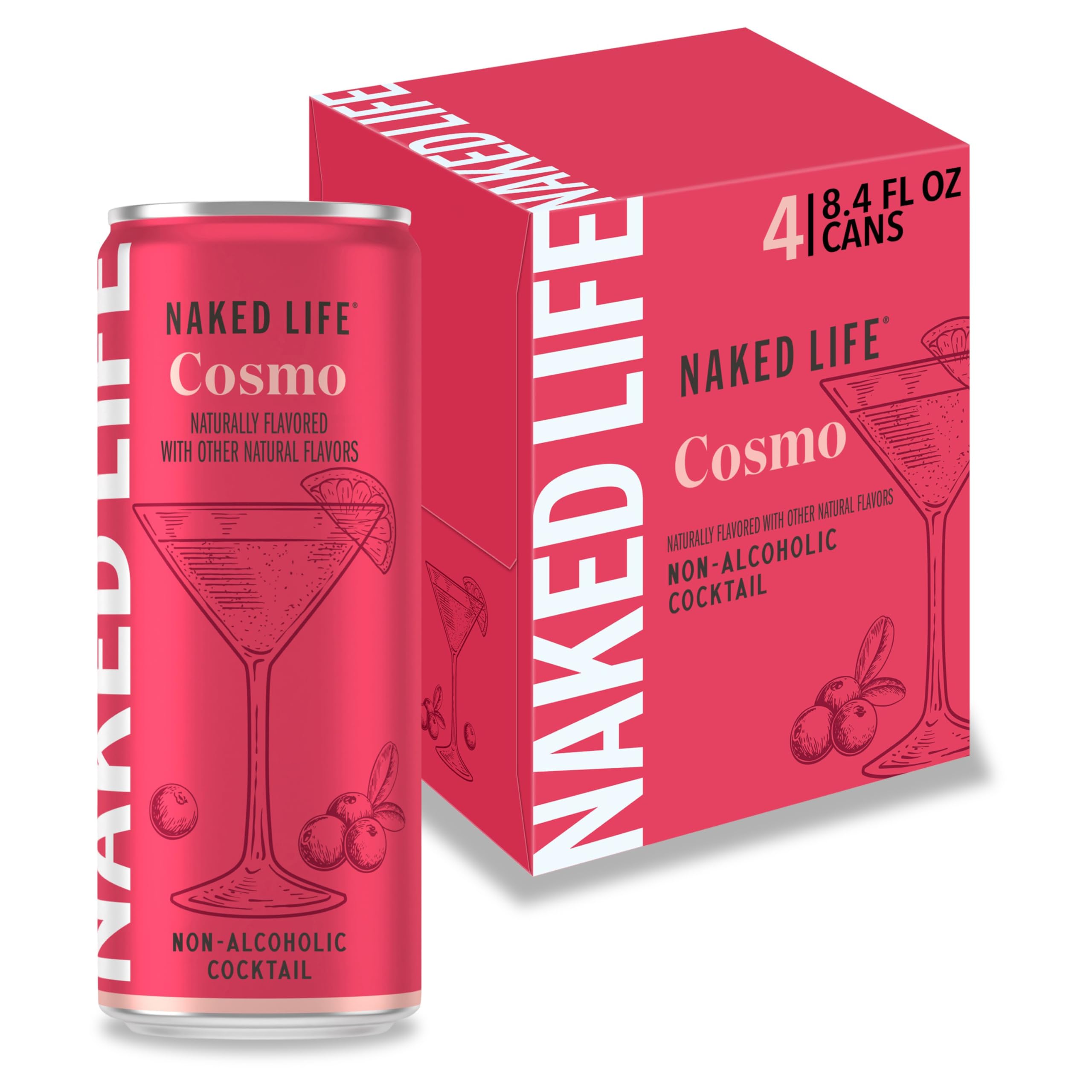 Naked Life Non-Alcoholic Drinks, Cosmo, Zero Sugar, Low Calorie, Alcohol-Free Cocktails 4 pack, 8.4 fl oz cans