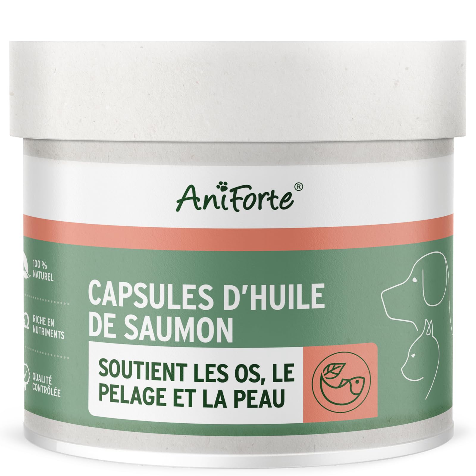 AniForte Gélules d’Huile de Saumon 500 pour Chiens & Chats – Poisson Riche en Oméga‑3 & 6, Vitamines pour Pelage, Os et Santé Globale