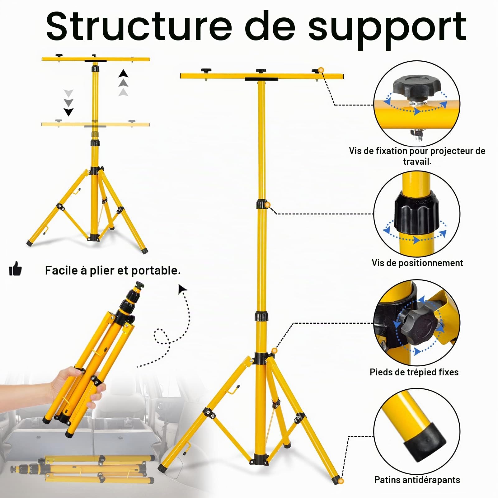 UISEBRT Trépied télescopique pour projecteur de chantier LED - Réglable en hauteur de 63,5 à 153,5 cm - Jaune AS004D