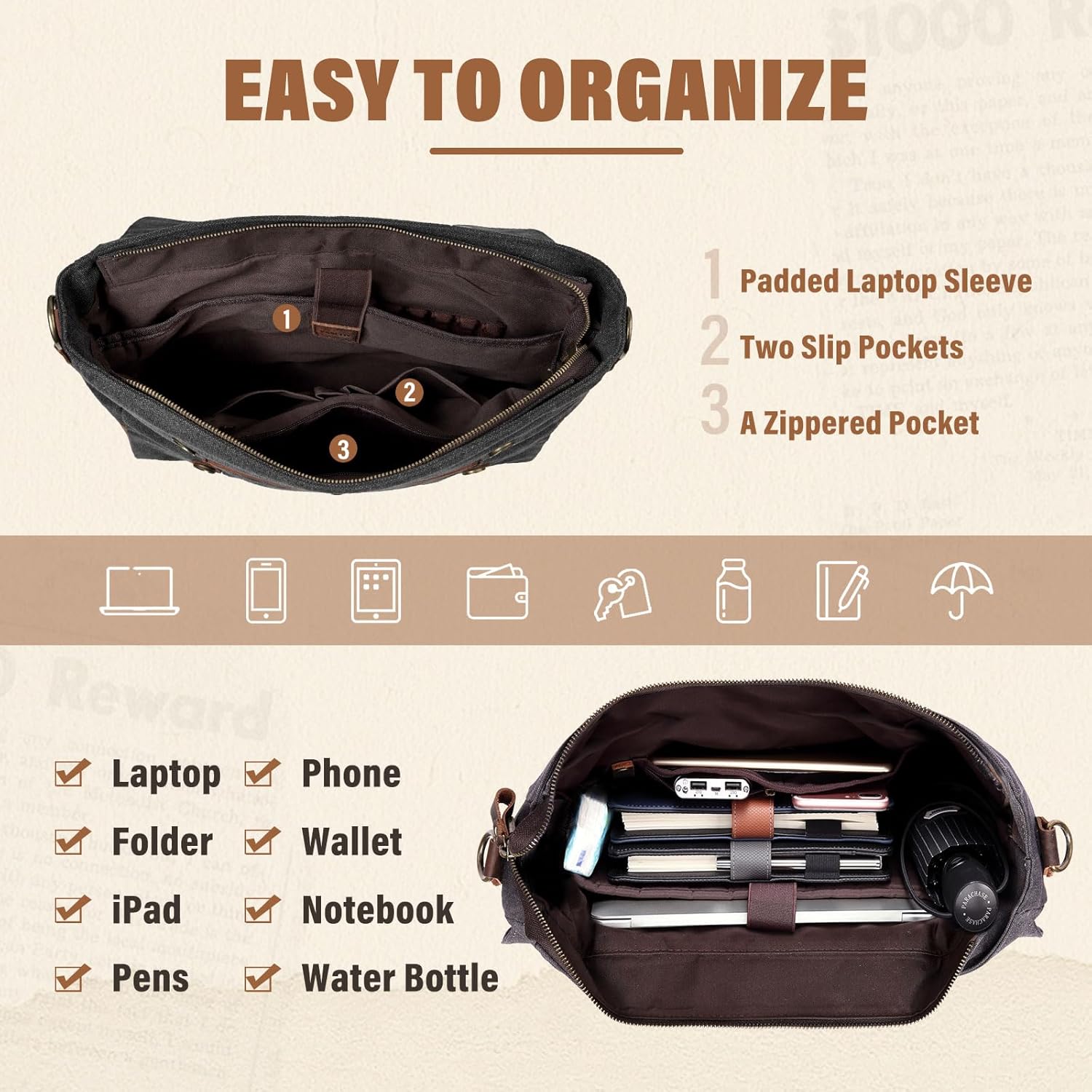 Messenger Bag for Men,Vintage Canvas Leather Canvas Laptop Satchel Shoulder Bag Business Briefcase - Image 5