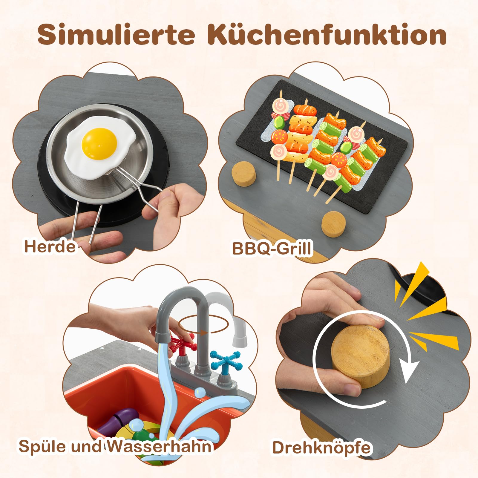 COSTWAY Sandkasten aus Massivholz, Sandkiste mit 9 Küchenzubehör & Wasserhahn & Waschbecken, Sandbox inkl. Bodenplane, Kindersandkasten Outdoor für Garten Strand Balkon