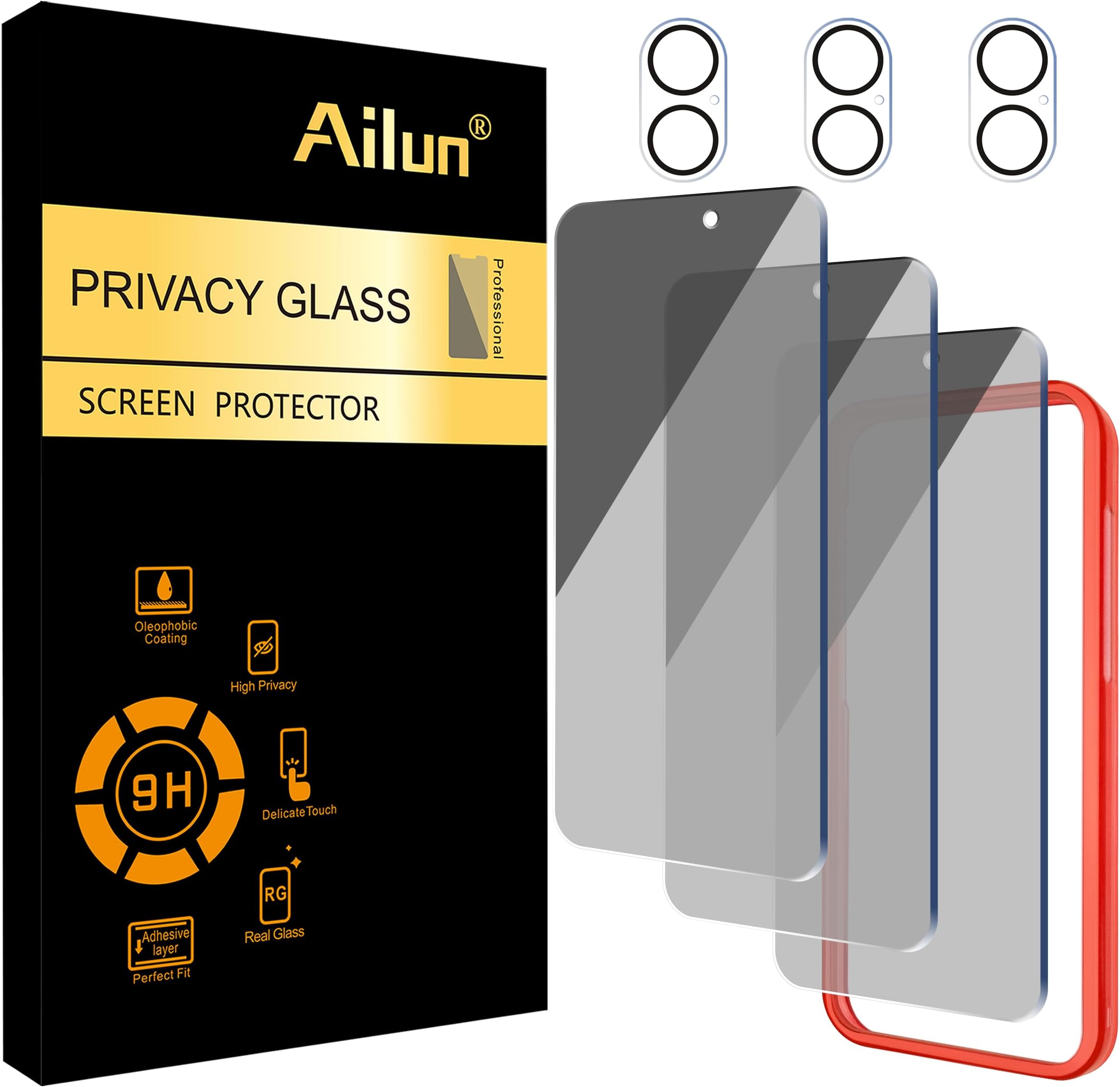 Ailun 3 Pack Privacy Screen Protector for iPhone 16 [6.1 inch] + 3 Pack Camera Lens Protector, Anti Spy Private Tempered Glass Film, Case Friendly, [9H Hardness][Not for iPhone 16e/16Pro/Plus/ProMax]