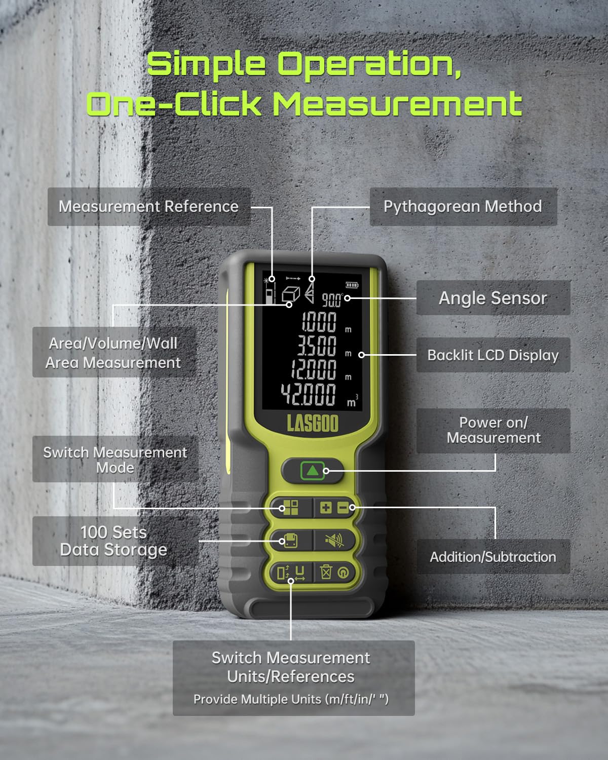 Huepar Laser Distance Measure 328Ft(100M) with Rechargeable Battery & Dual Angle Display, Laser Measure M/In/Ft with Mute Function & Multi-Measurement Modes, Pythagorean, Distance, Area&Volume-S100