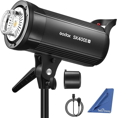 Godox SK400II-V SK400IIV - Flash estroboscópico de estudio de 400 W, con reflector estándar, lámpara de modelado LED de montaje Bowens para estudio,