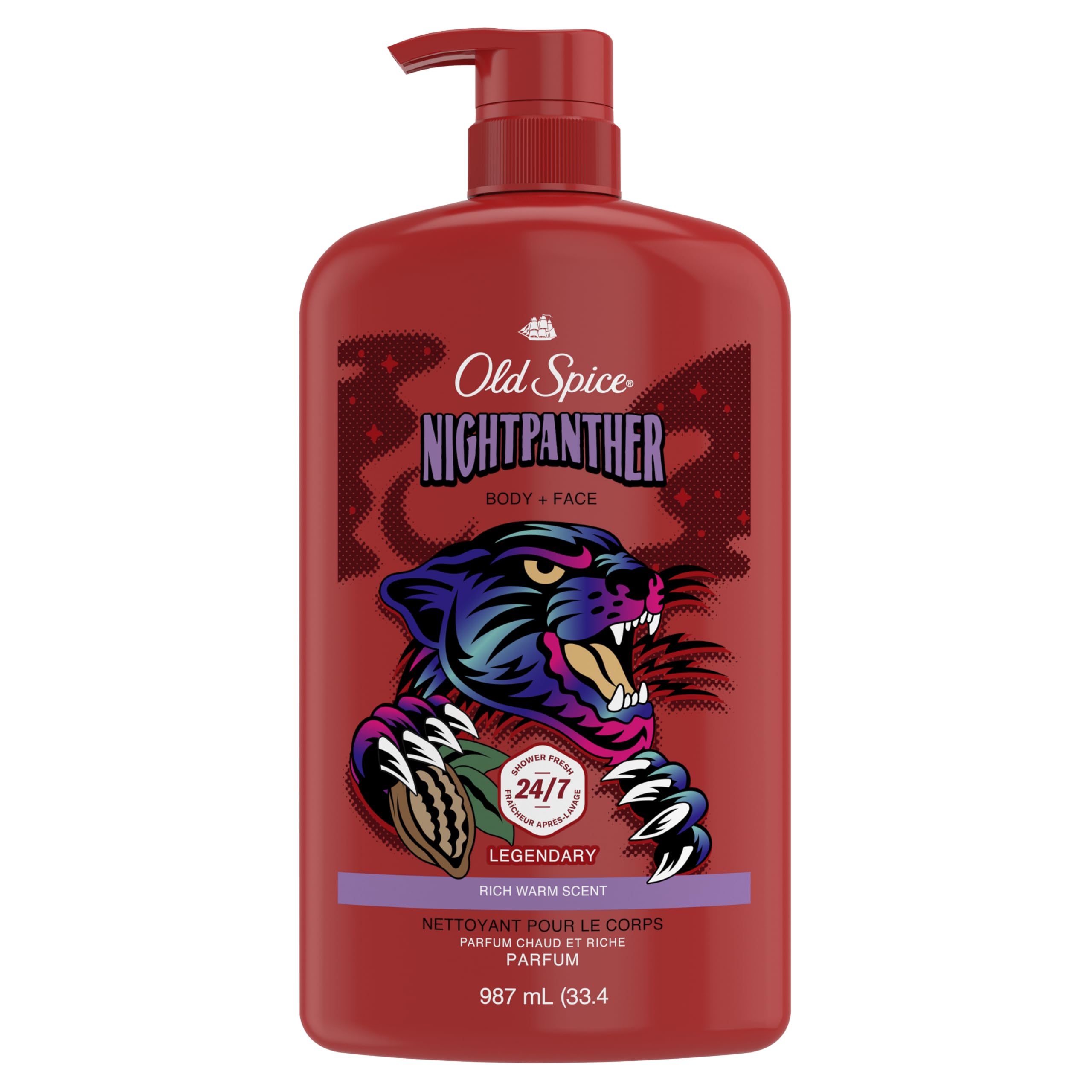 Old Spice Cleansing Body Wash for Men, 3X Defense, 24/7 Shower Fresh with Lasting Scent, 2-in-1 Body & Face Wash, NightPanther with Rich Warm Scent, 33.4 oz