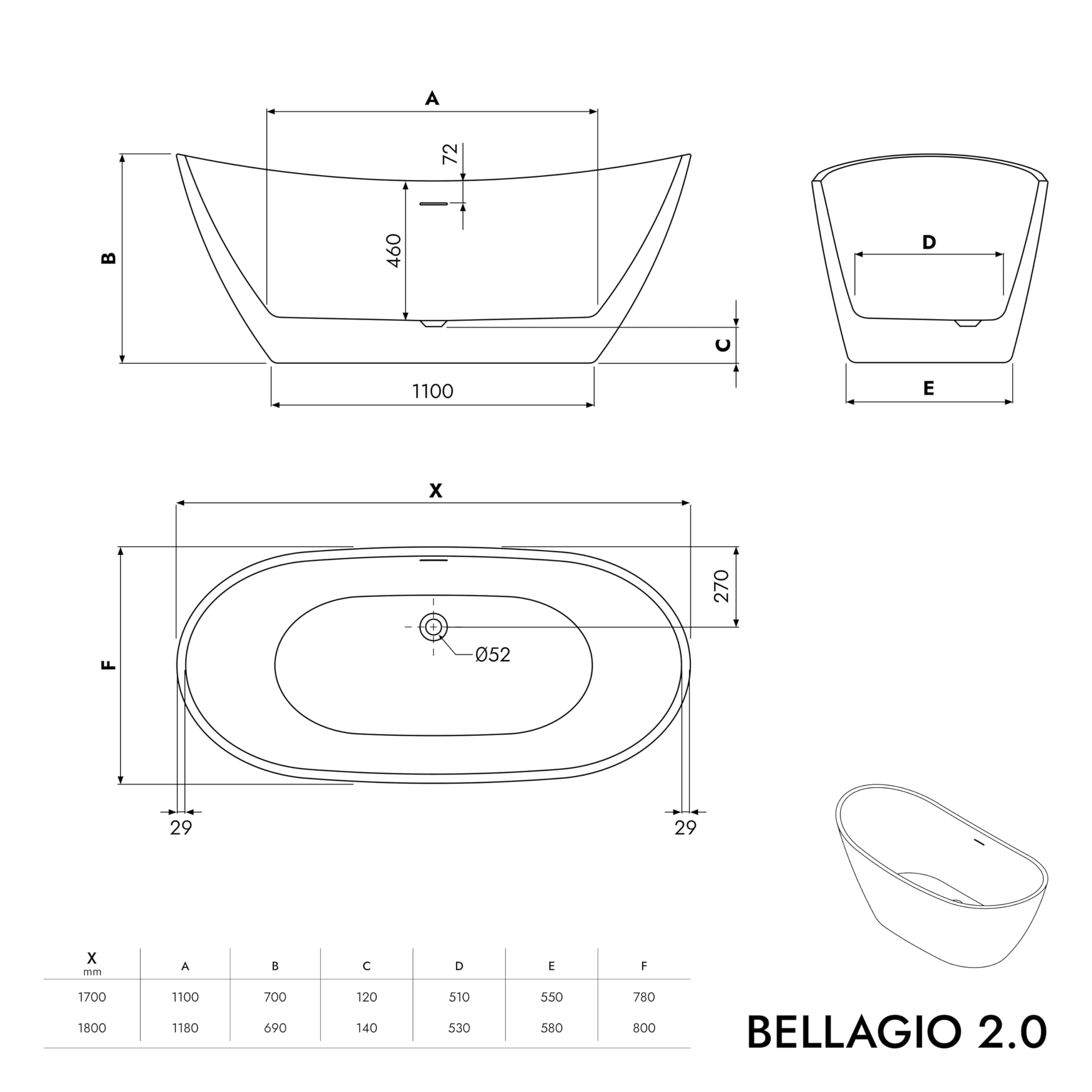Vasca da bagno freestanding BELLAGIO 2.0 acrilico - dimensioni e colore a scelta, Colore:Bianco lucido, Dimensioni:180x80 cm