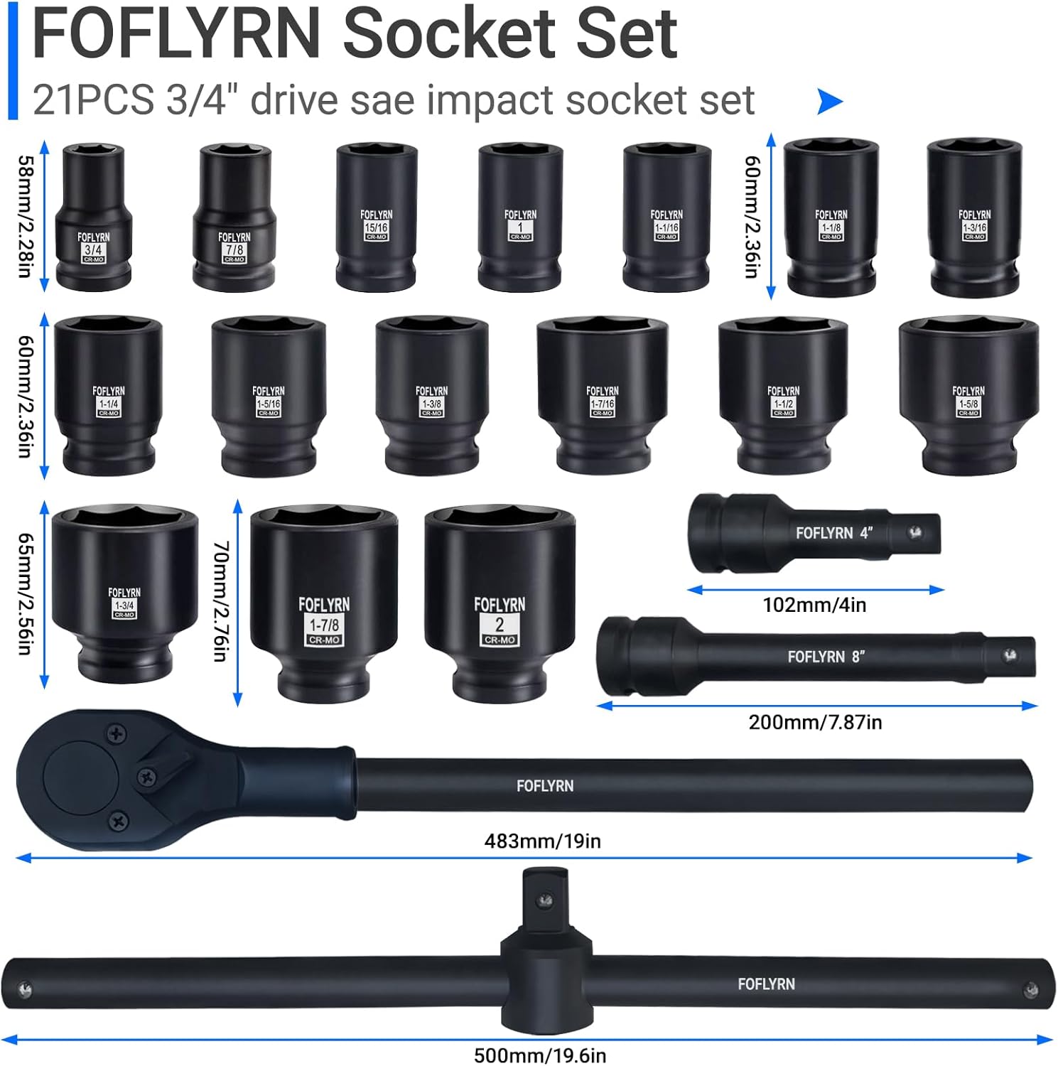 3/4" Drive Impact Socket Set,6-Point SAE Socket Set (3/4"-2"),21PCS Cr-Mo Material High Durability Heavy Duty Jumbo Socket Set with Ratchet Wrench,Sliding Bar,Extension Bar and Storage Case.