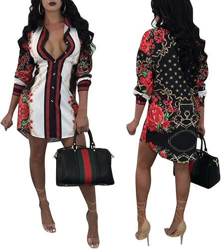 Miniatura 2 de Remelon - Mini vestido para mujer de manga larga estampado floral con cuello de botones camisa larga camisa de vestir mini vestido