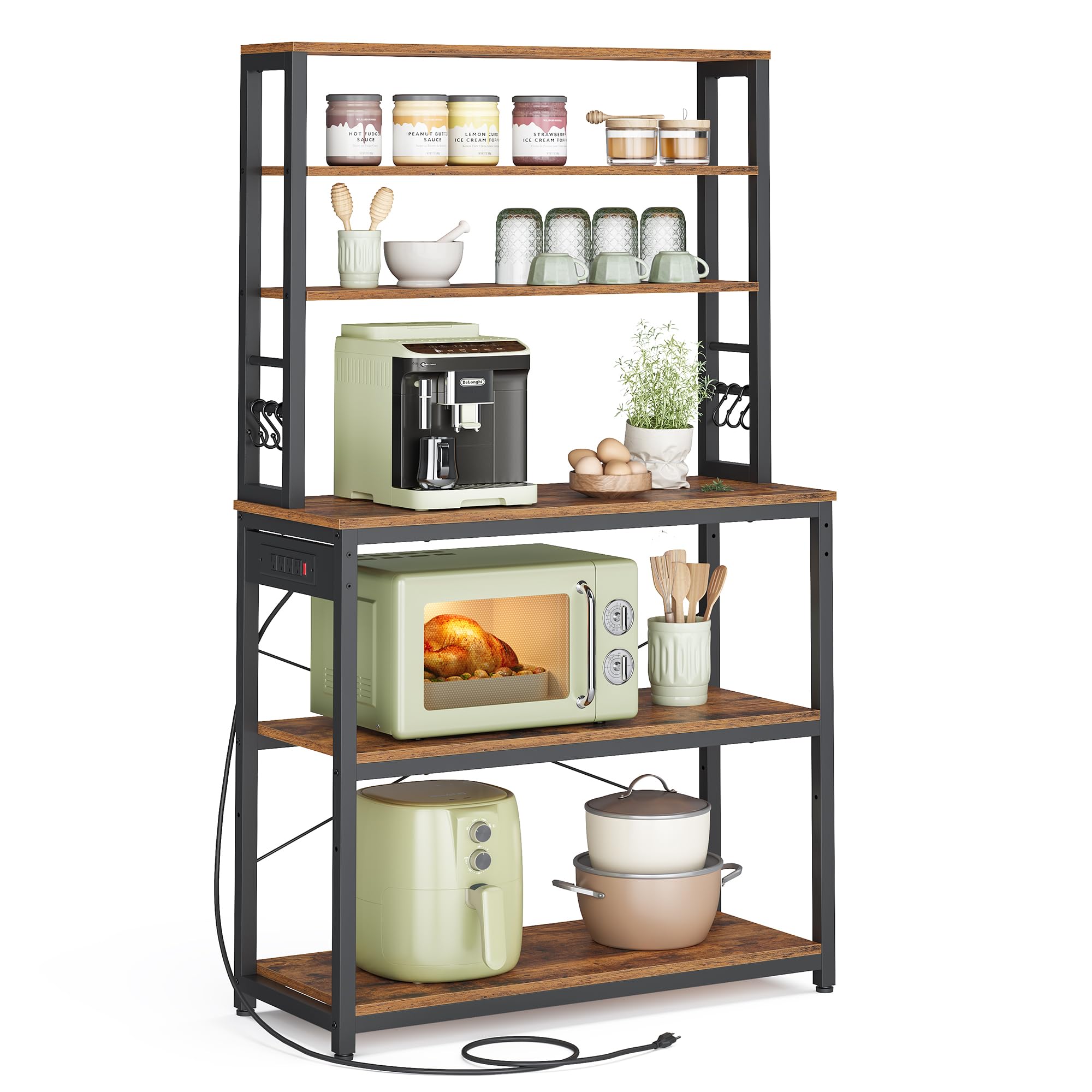 vasagle bakers rack with power outlet, 31.5 inches coffee bar for kitchen with storage, 6-tier kitchen shelves with 6 hooks, microwave stand, industrial, rustic brown and ink black ukks119k01