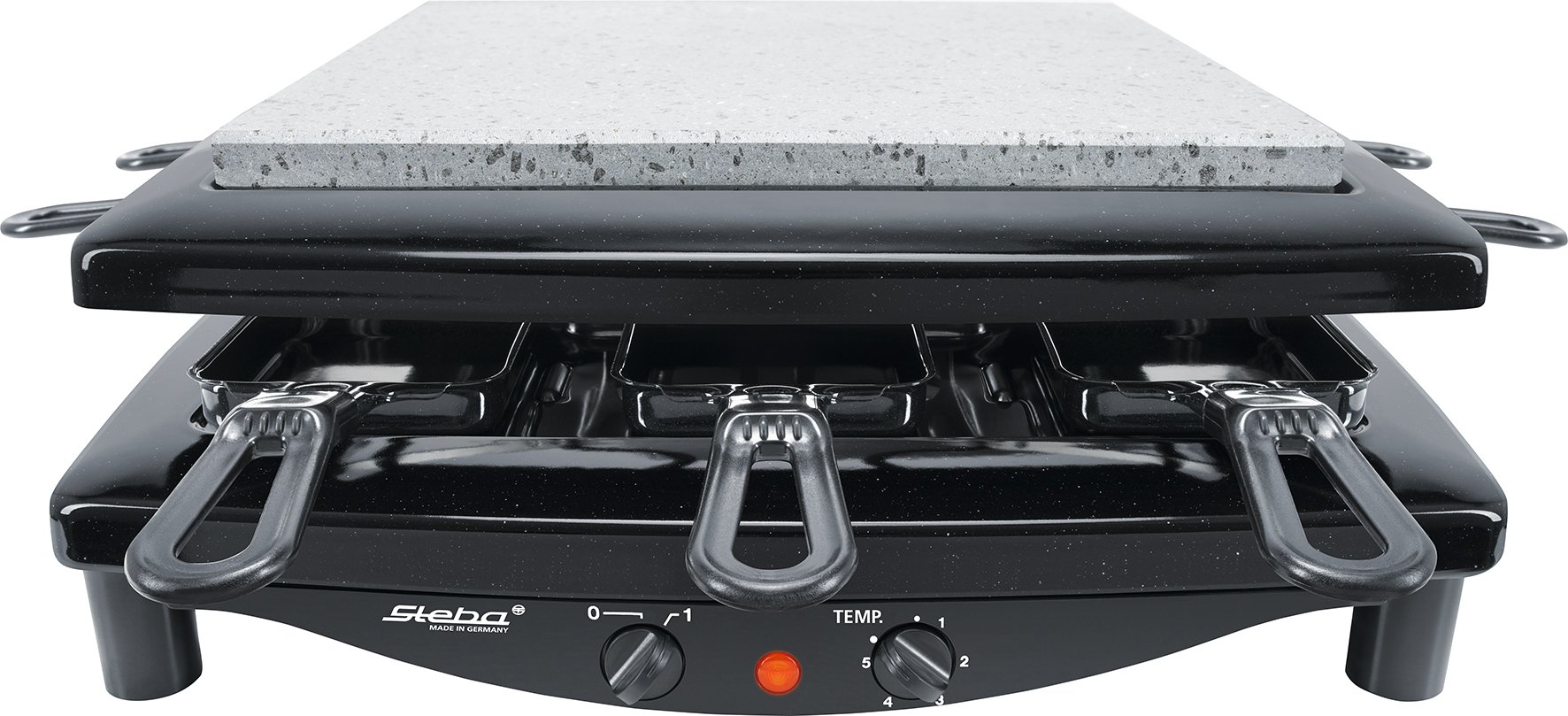Steba Made in Germany Raclette, Wendbare emaillierte Gusseisen-Grillplatte + Natursteinplatte, 8 Spülmaschinengeeignete und emaillierte Pfännchen, Kabelaufwicklung