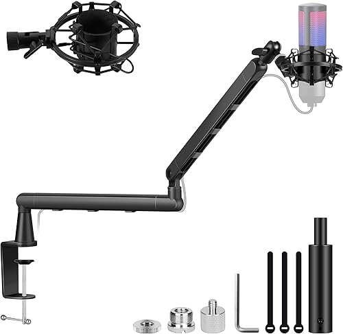 CAHAYA Brazo de brazo para micrófono, brazo de micrófono ajustable de perfil bajo con poste de extensión de 3.5 pulgadas, adaptador de tornillo de
