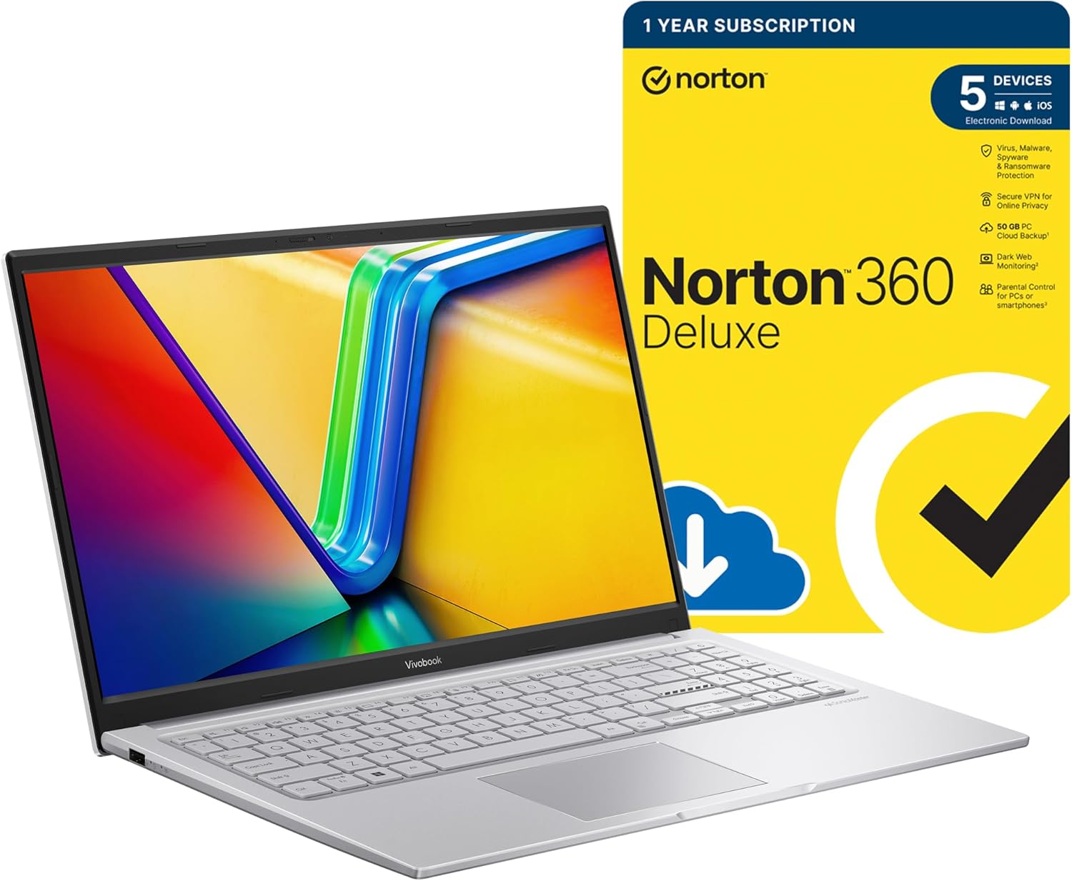 MESH Computers ASUS VivoBook 15 Intel Core i7-1255U (12th Gen), 40 GB RAM, 1000 GB SSD, 15.6 inch FHD, Wi-Fi 6E, Windows 11 Pro Laptop includes Free Norton 360 Deluxe Antivirus Software