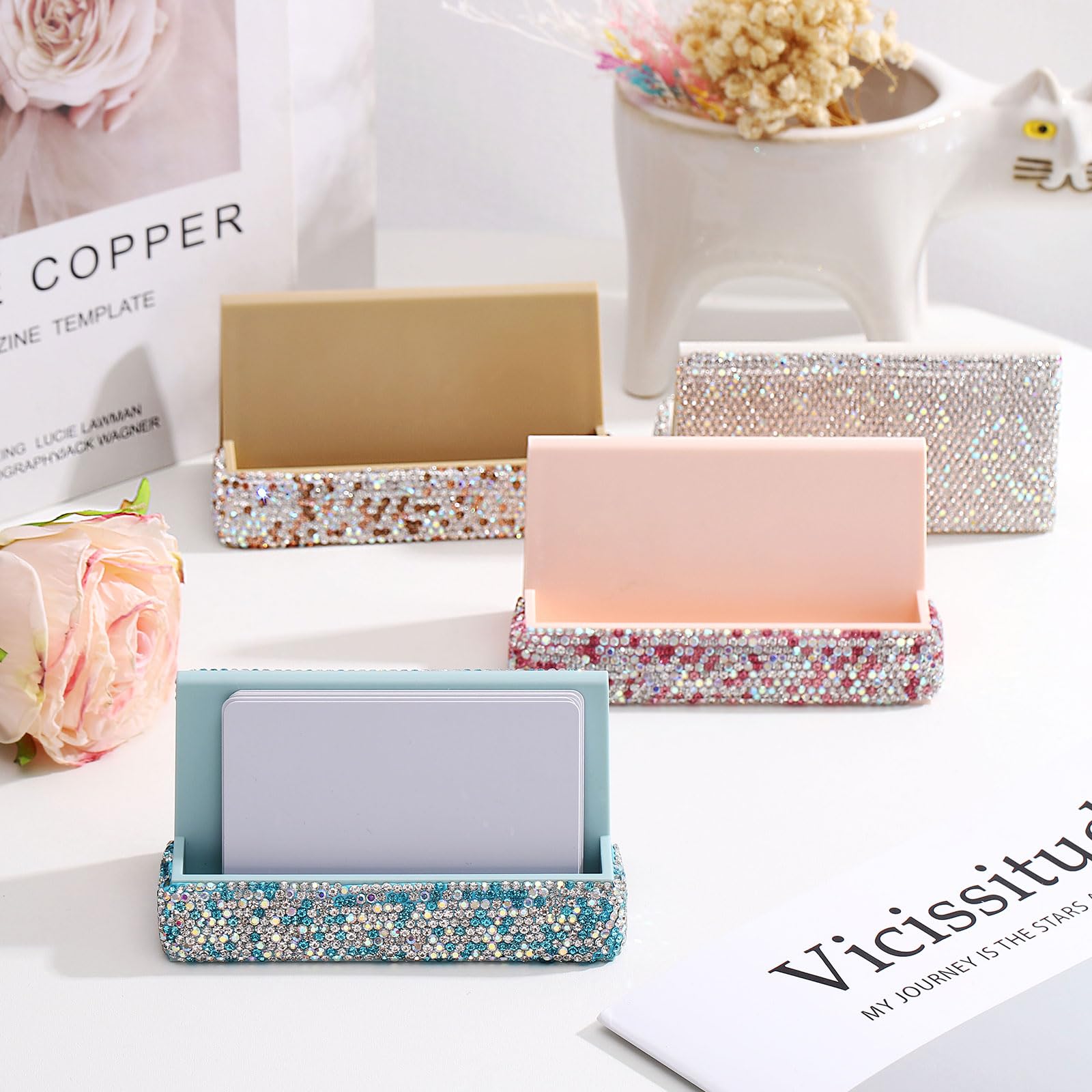 2X Business Card Holder For Desk, Metal Display Stand, Office Desktop Name Gold