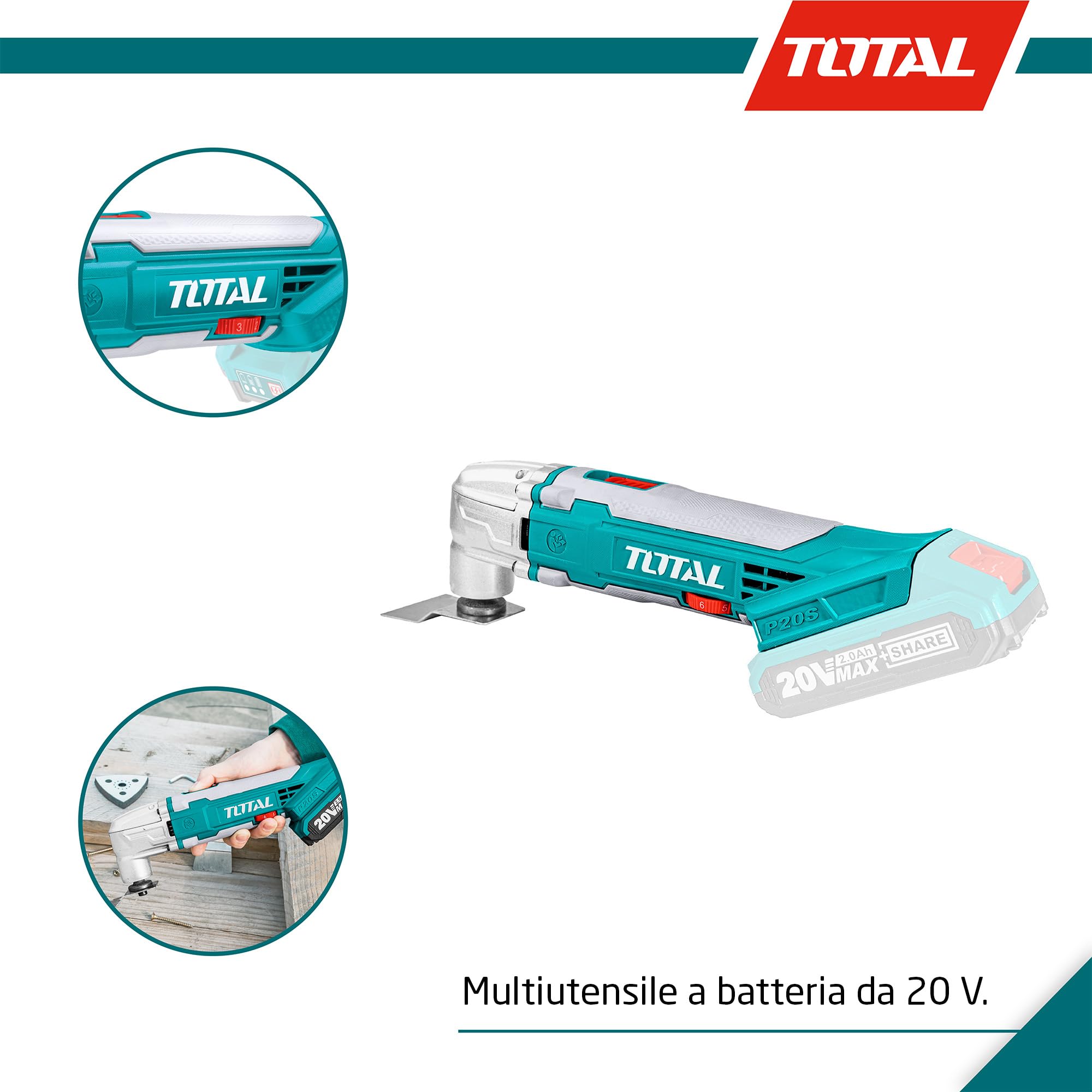 TOTAL - Utensile Multifunzione CM 20V | Utensile Versatile per Lavori Domestici | Compatibile con Amig Isolante e Griglia | Adatto per Potatura e Maniglie, Multicolore