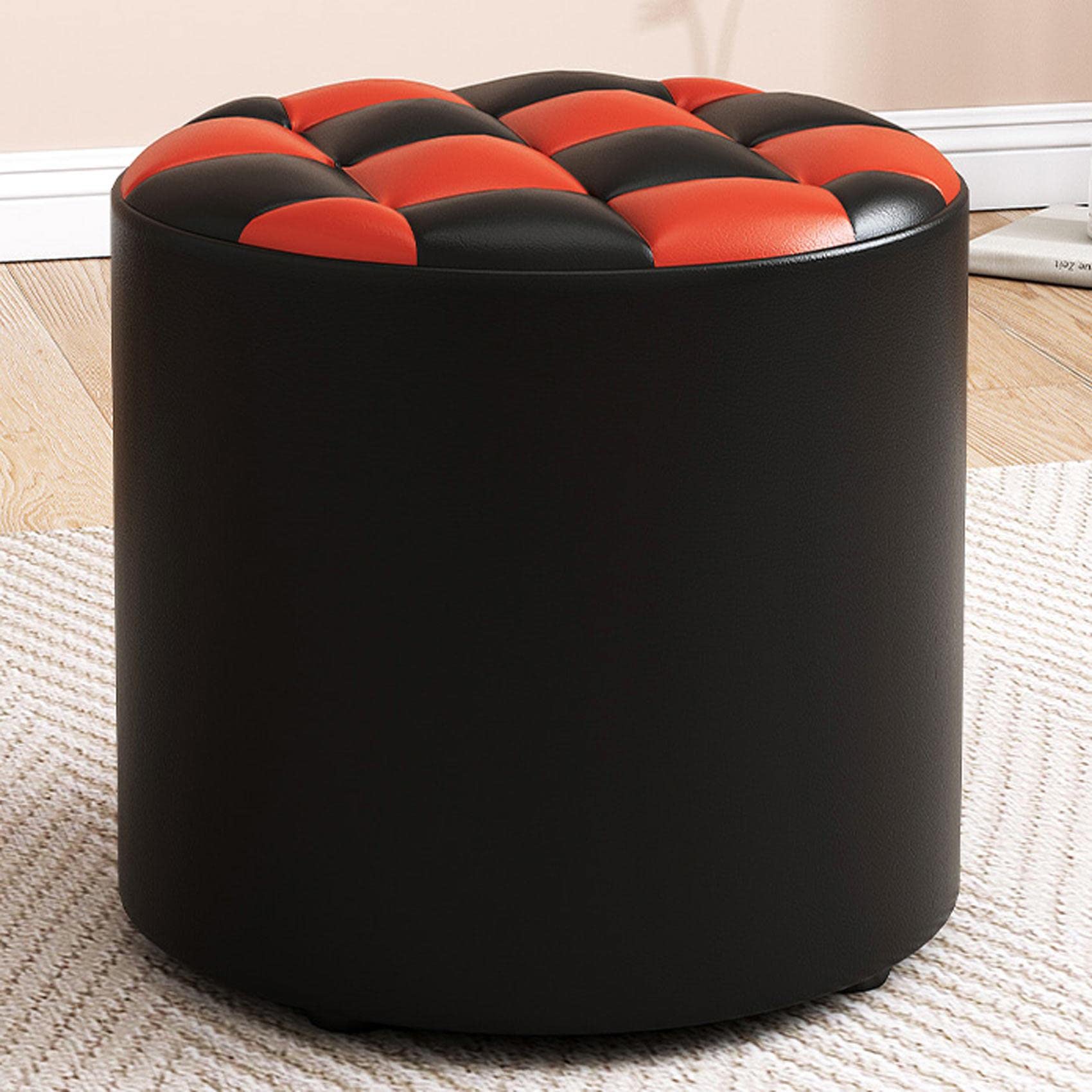 Round Leather Footstool for Living Room and Bedroom Black/Red 31x28cm