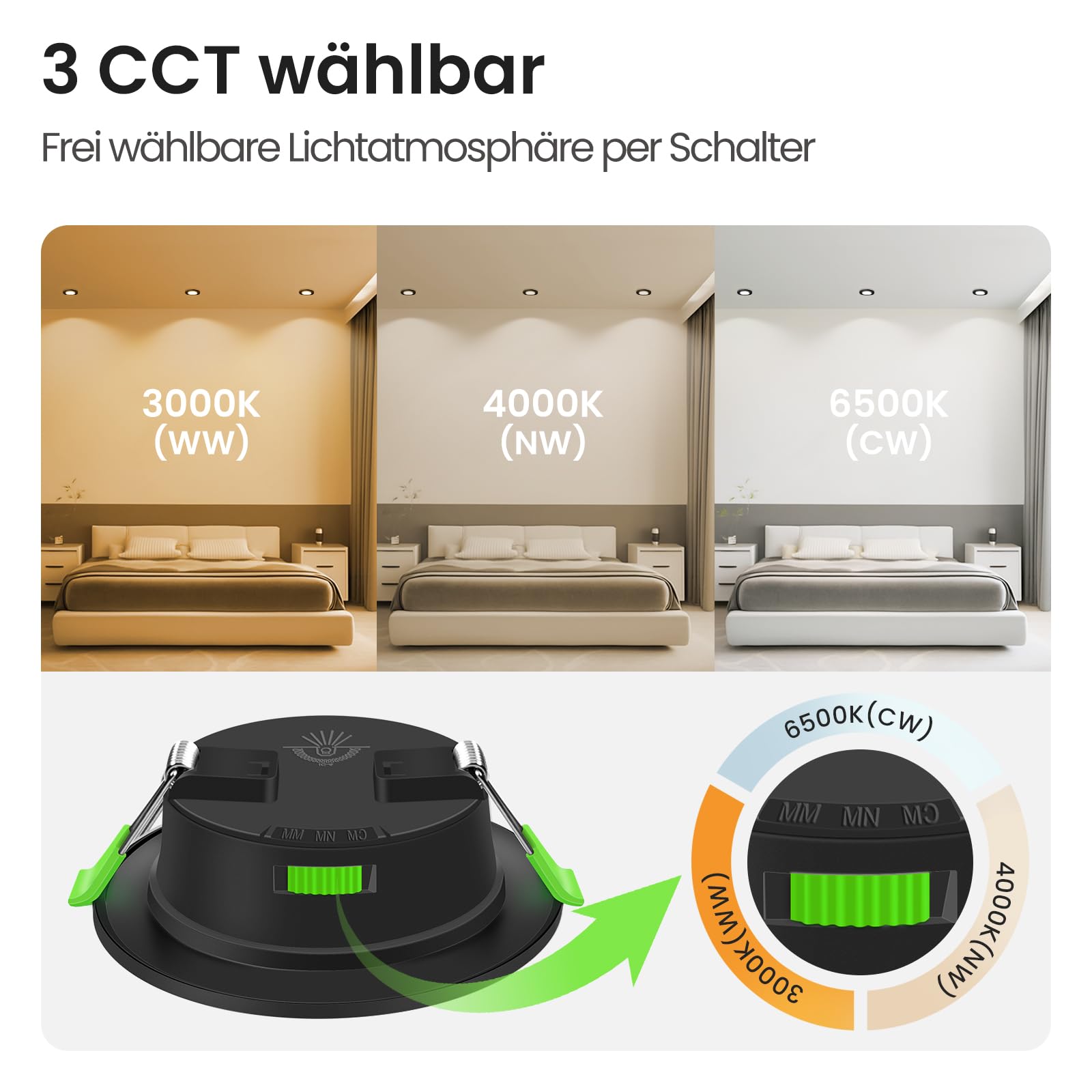 ALUSSO 12 Stück Einbaustrahler Led 75mm,5W LED Einbaustrahler Dimmbar AC 220-240V,Warmweiß 3000K Neutralweiß 4000K Kaltweiß 6500K IP44 Deckenspots für Badezimmer Küche Wohnzimmer,Schwarz