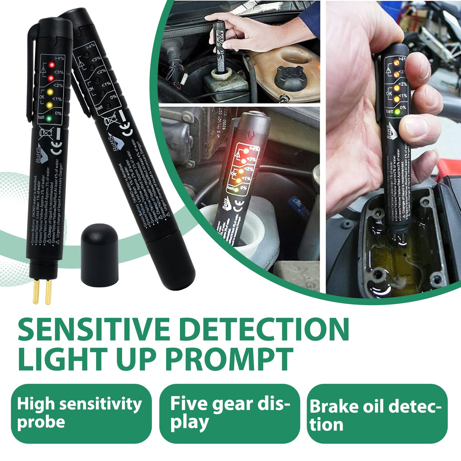 Penna del Tester del Liquido dei Freni 5 LED Mini, Compatibile con DOT 3/4/5, Strumento di Diagnostica per la Manutenzione dell'Auto, Penna Tester Portatile