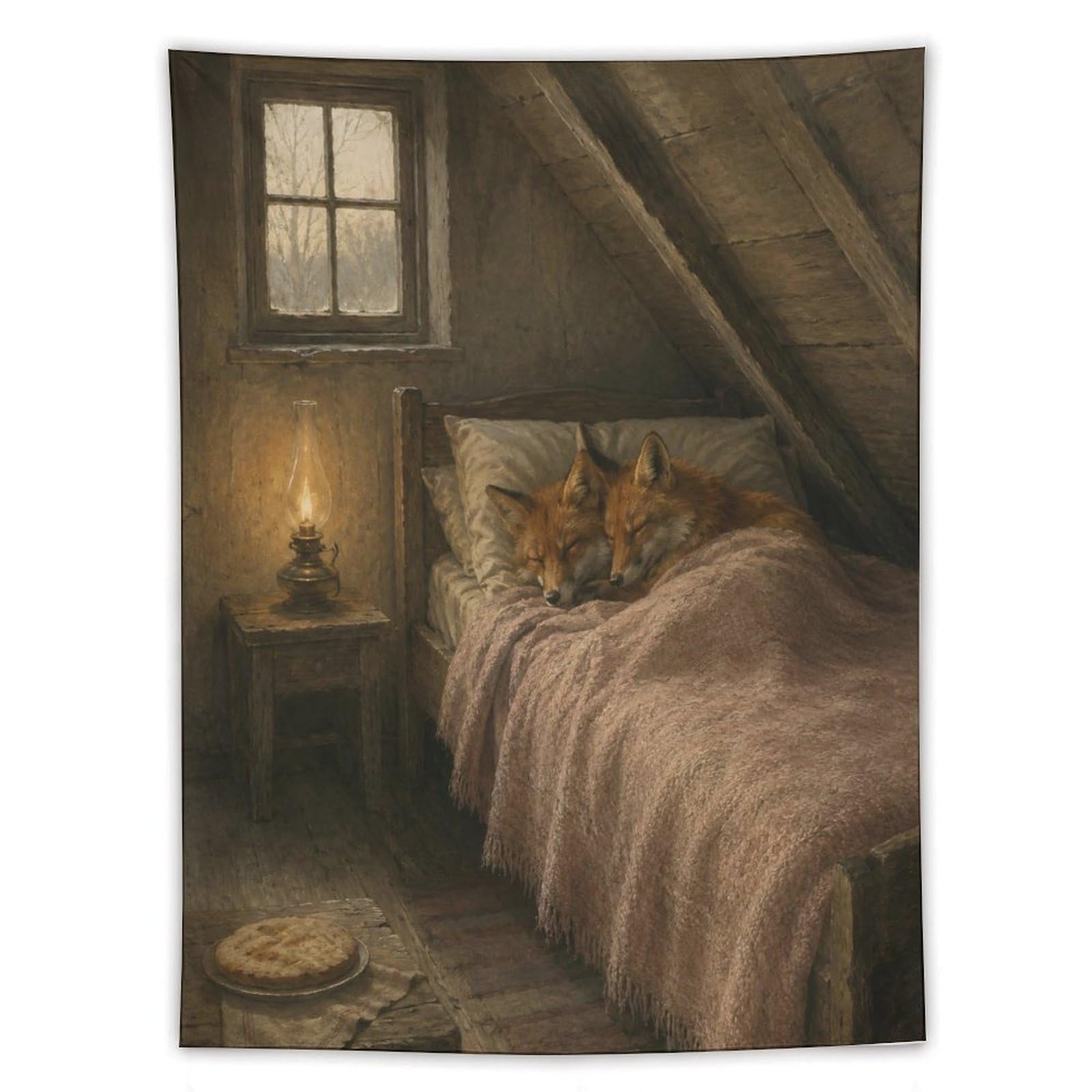 W7C8U2X3 fox Sleeping in Attic Bedroom Wall Tapestry, Sofa Area