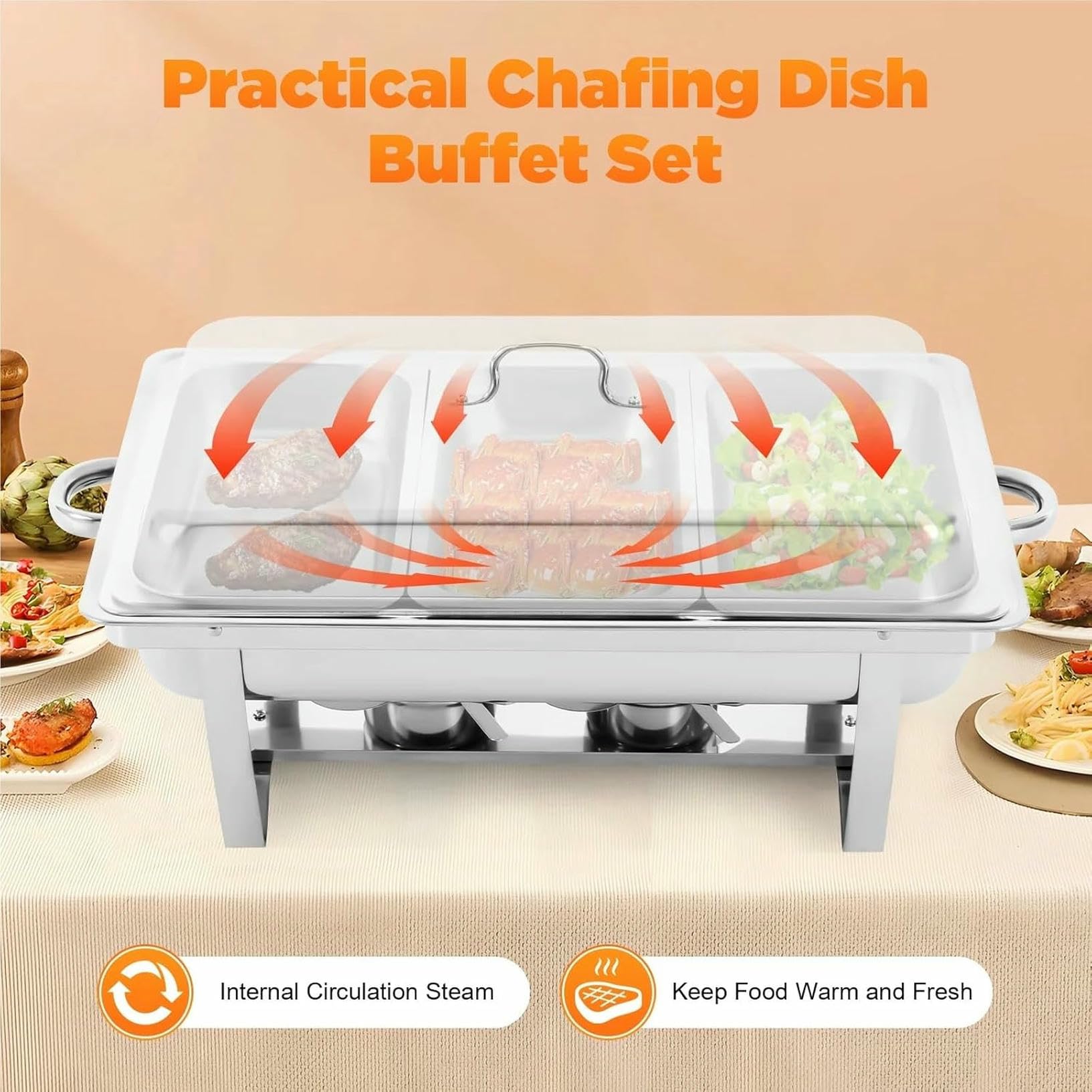Set di scaldavivande a 3 scomparti in acciaio inox con coperchio ribaltabile per catering, ideale per feste ed eventi, per tenere pronti cibi caldi