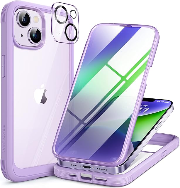 Miracase Compatible with iPhone 14 Plus Case 6.7 inch, Built-in Glass Screen Protector + 2 Camera Lens Protector, 2022 Upgrade Full Body Rubber Bumper Clear Back Case Cover (Light Purple)